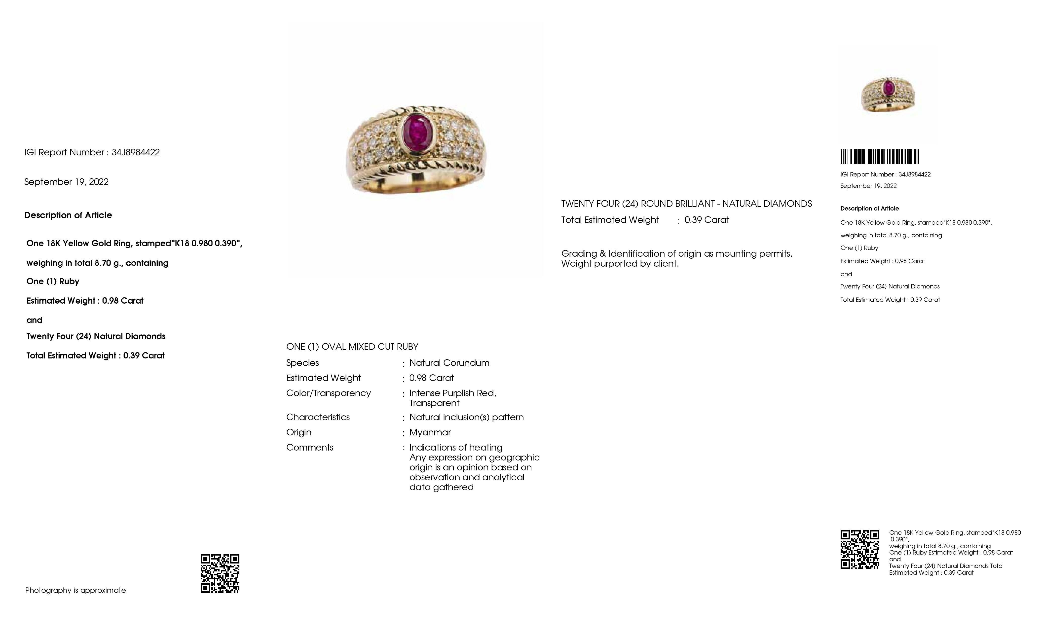 Rubino di Birmania naturale certificato IGI da 0,98 carati e diamante naturale da 0,39 carati in oro 18 carati In condizioni Nuovo a Hong Kong, HK