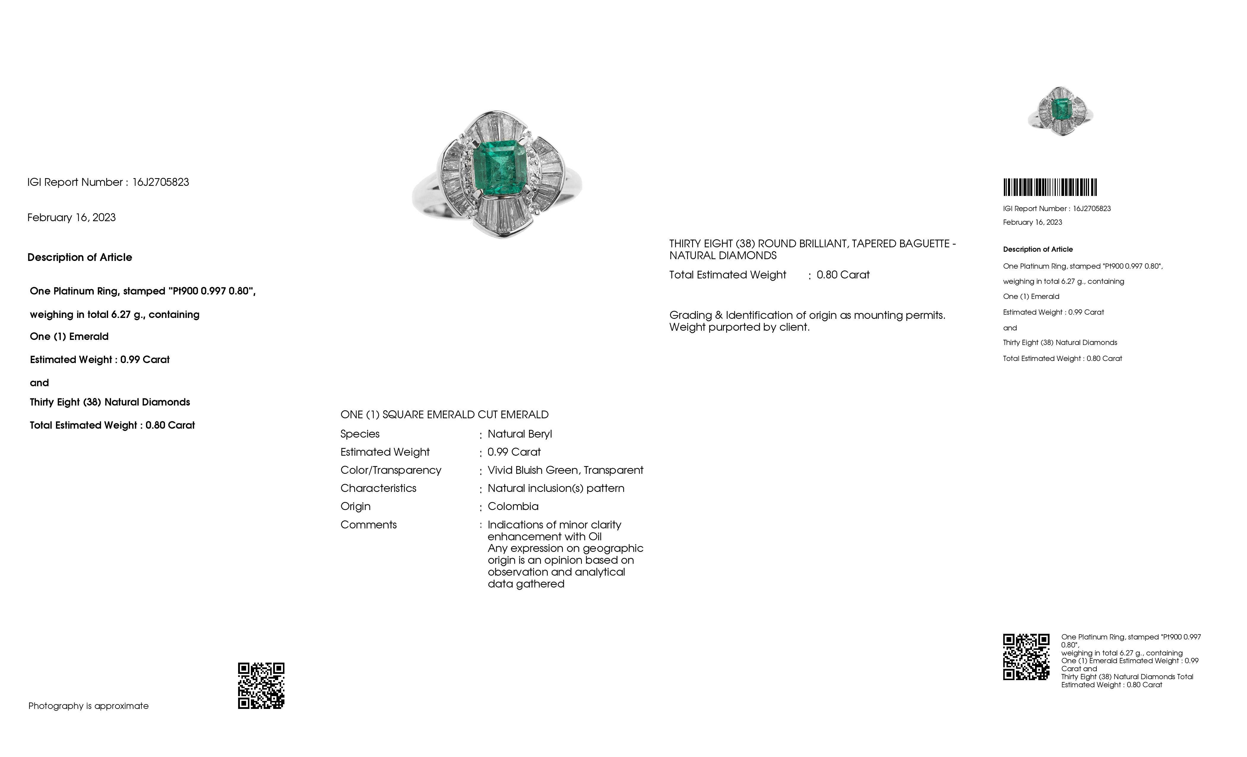 IGI Certified 0.99ct Colombian Emerald and 0.80ct Natural Diamonds Platinum Ring For Sale 2