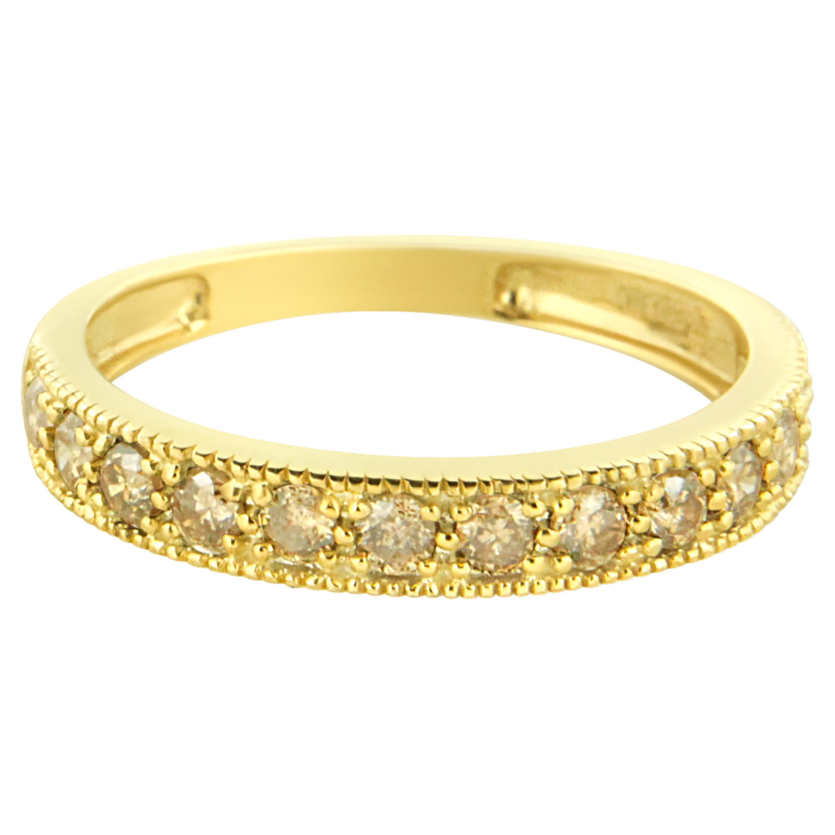 IGI Certified 1/2 Carat Diamond 10K Yellow Gold Beaded Milgrain Band Style Ring For Sale