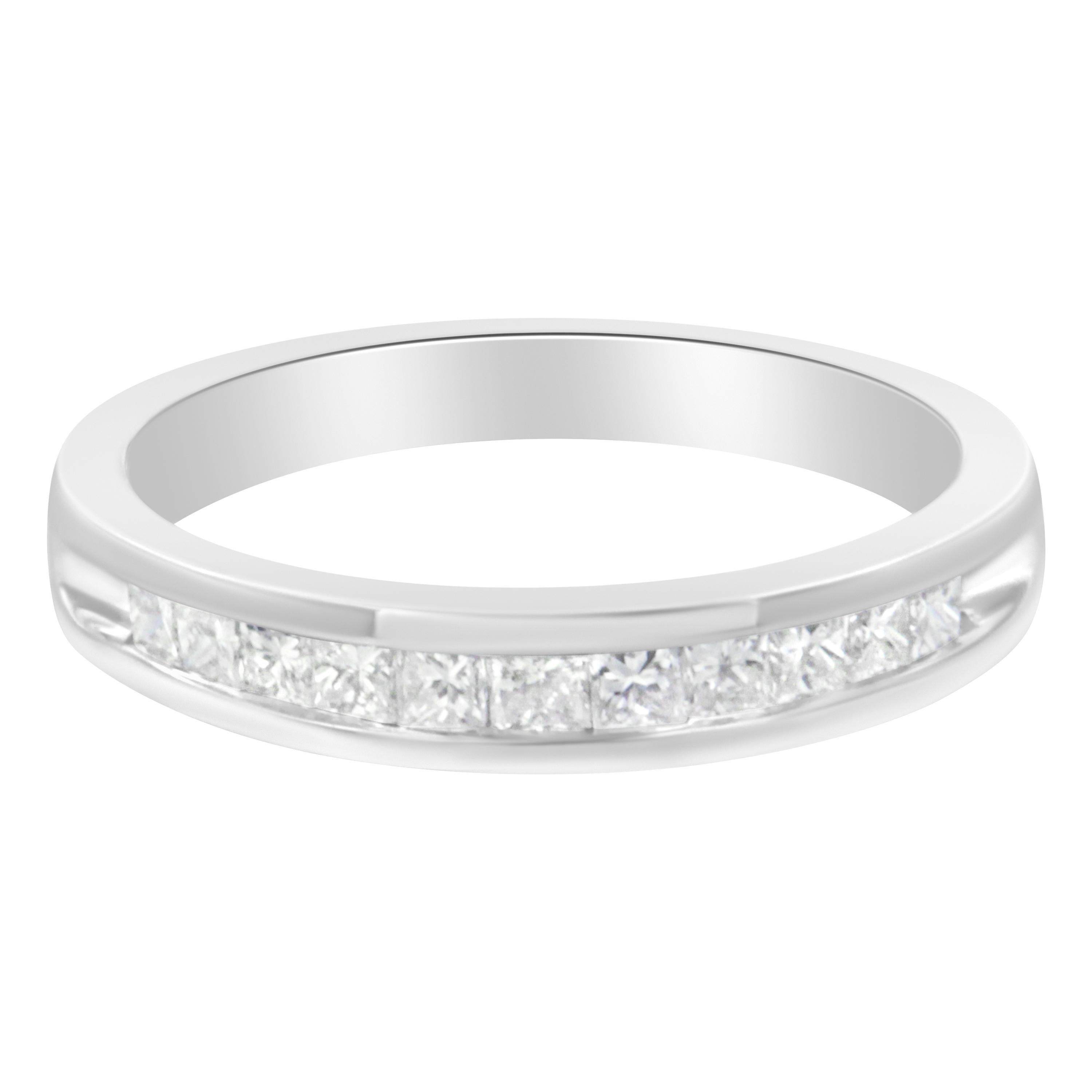 Elegant and timeless, this diamond wedding band features 1/2 carat total weight of diamonds with an astonishing eleven individual stones. This exquisite IGI certified 18 karat white gold wedding ring has eleven beautiful square, princess cut white