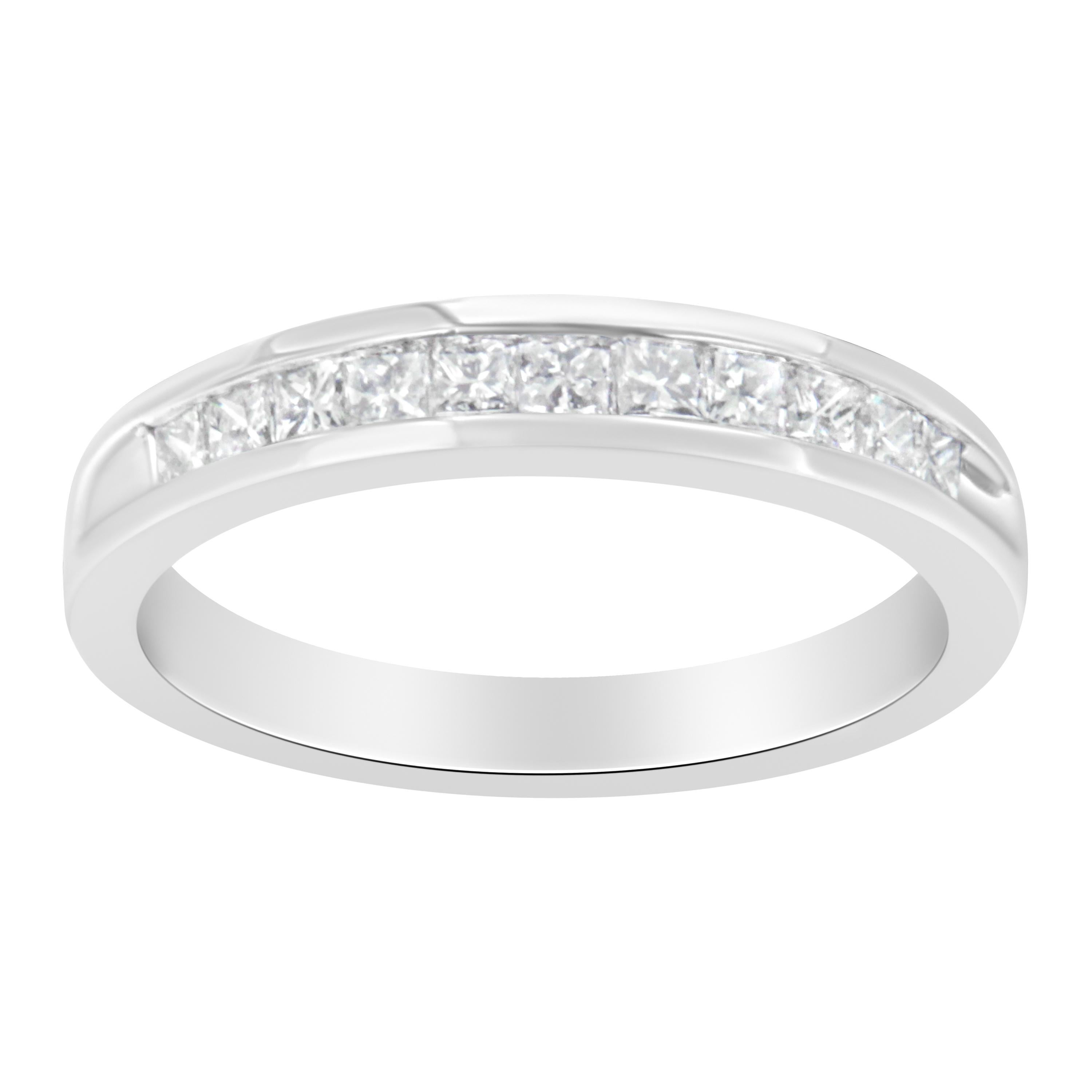 Elegant and timeless, this diamond wedding band features 1/2 carat total weight of diamonds with an astonishing eleven individual stones. This exquisite IGI certified 18 karat white gold wedding ring has eleven beautiful square, princess cut white