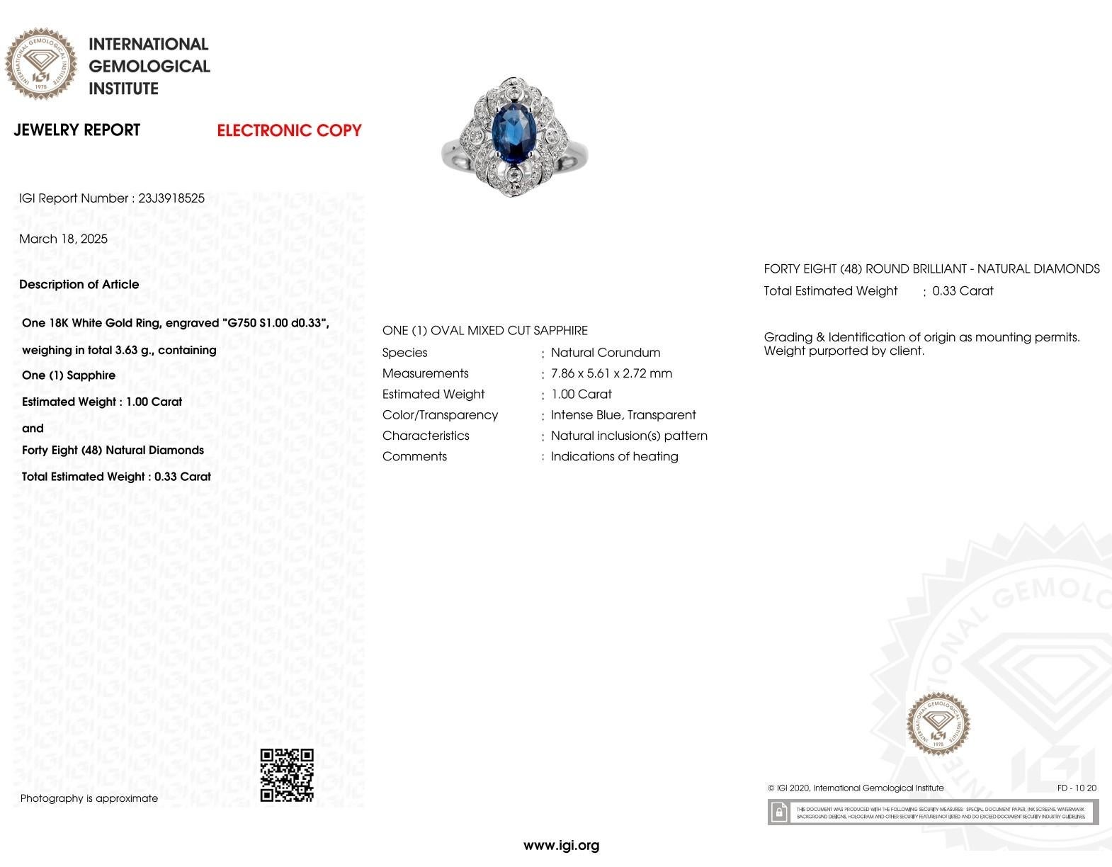 IGI Certified 1.00 Carat Blue Sapphire & Diamond Ring in 18K White Gold For Sale 2