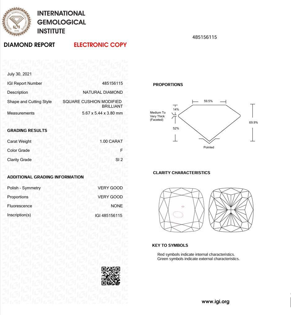 Diamante certificato IGI da 1,00 carati con colore F e purezza SI2 in vendita 3