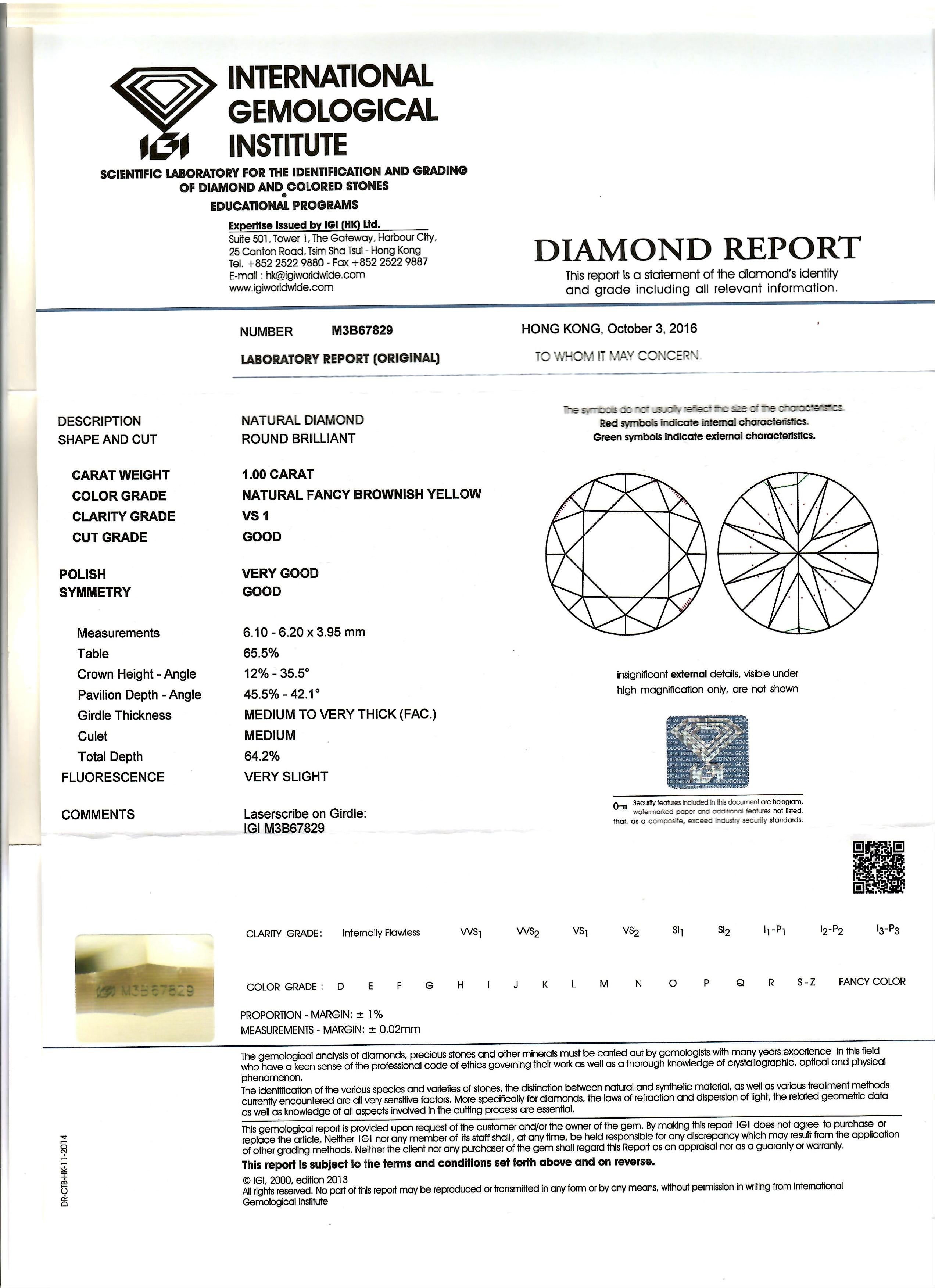 IGI Certified 1.00 Carat Yellow Diamond & 0.15 Carat Diamond Ring in 18K Gold In New Condition For Sale In KOWLOON, HK