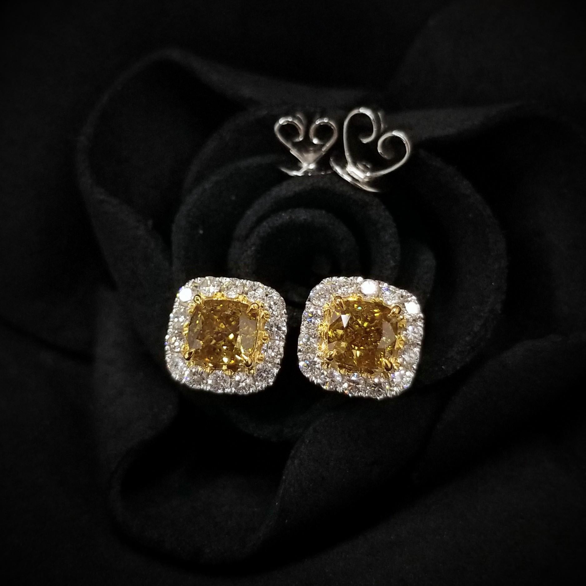 Cushion Cut IGI Certified 1.00 Carat Yellow Diamond& 0.33 Carat Diamond Earrings in 18KGold For Sale