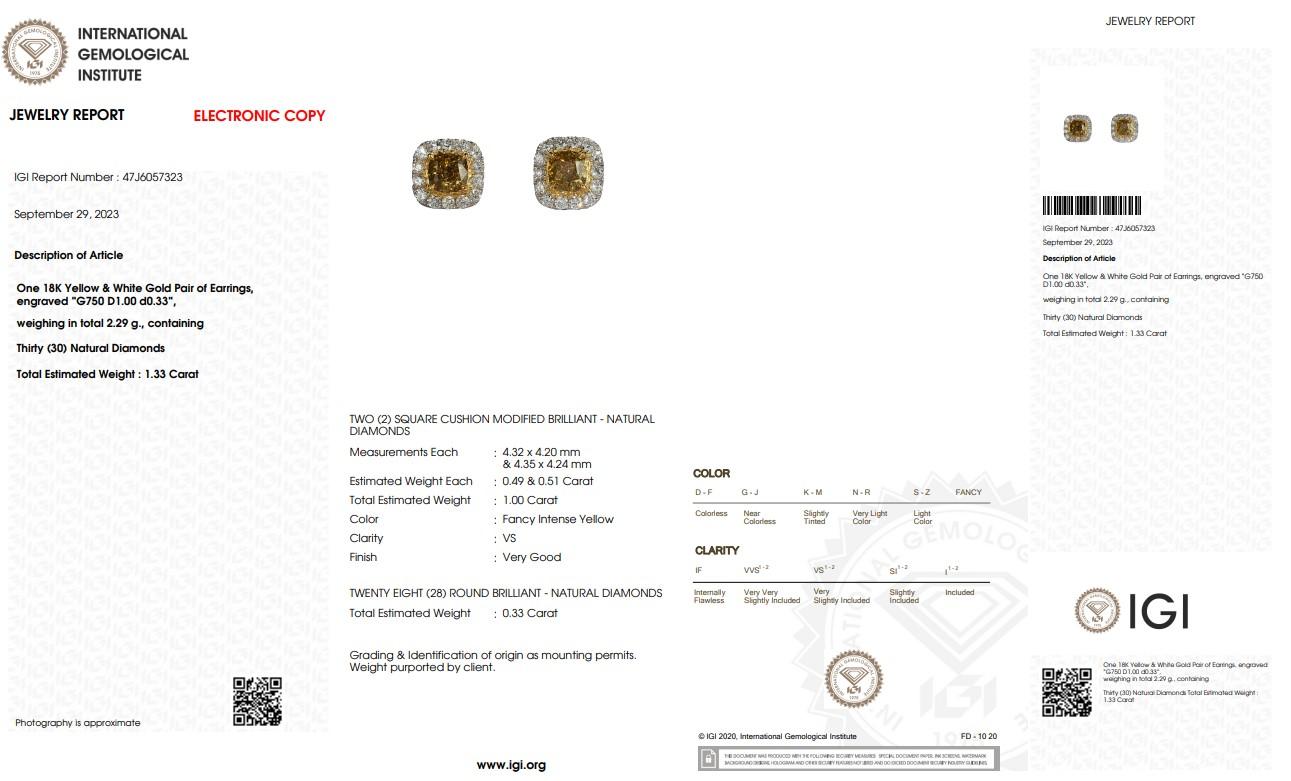 IGI Certified 1.00 Carat Yellow Diamond& 0.33 Carat Diamond Earrings in 18KGold For Sale 2