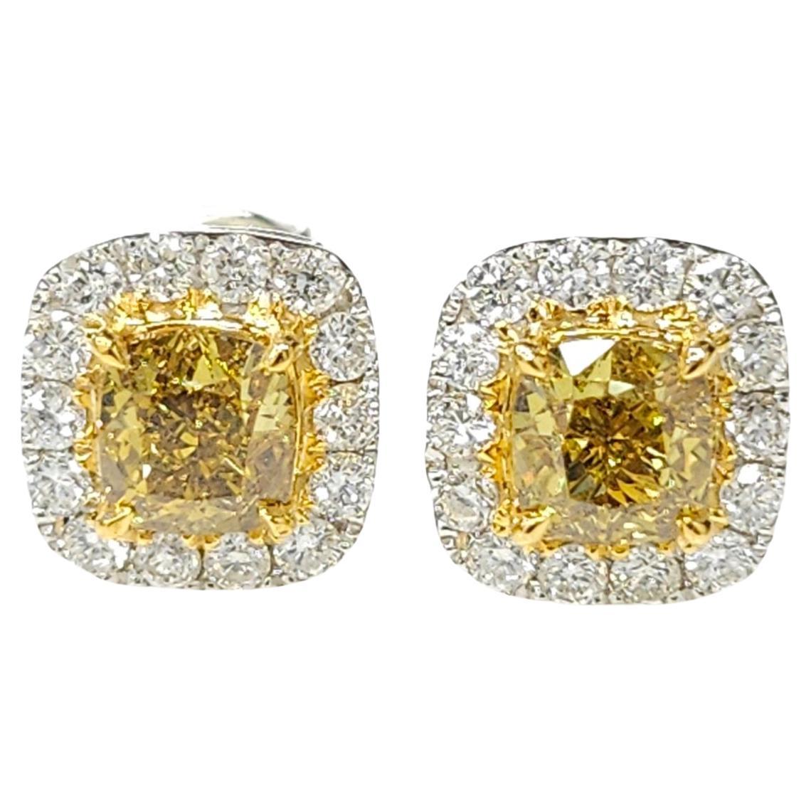 IGI Certified 1.00 Carat Yellow Diamond& 0.33 Carat Diamond Earrings in 18KGold For Sale