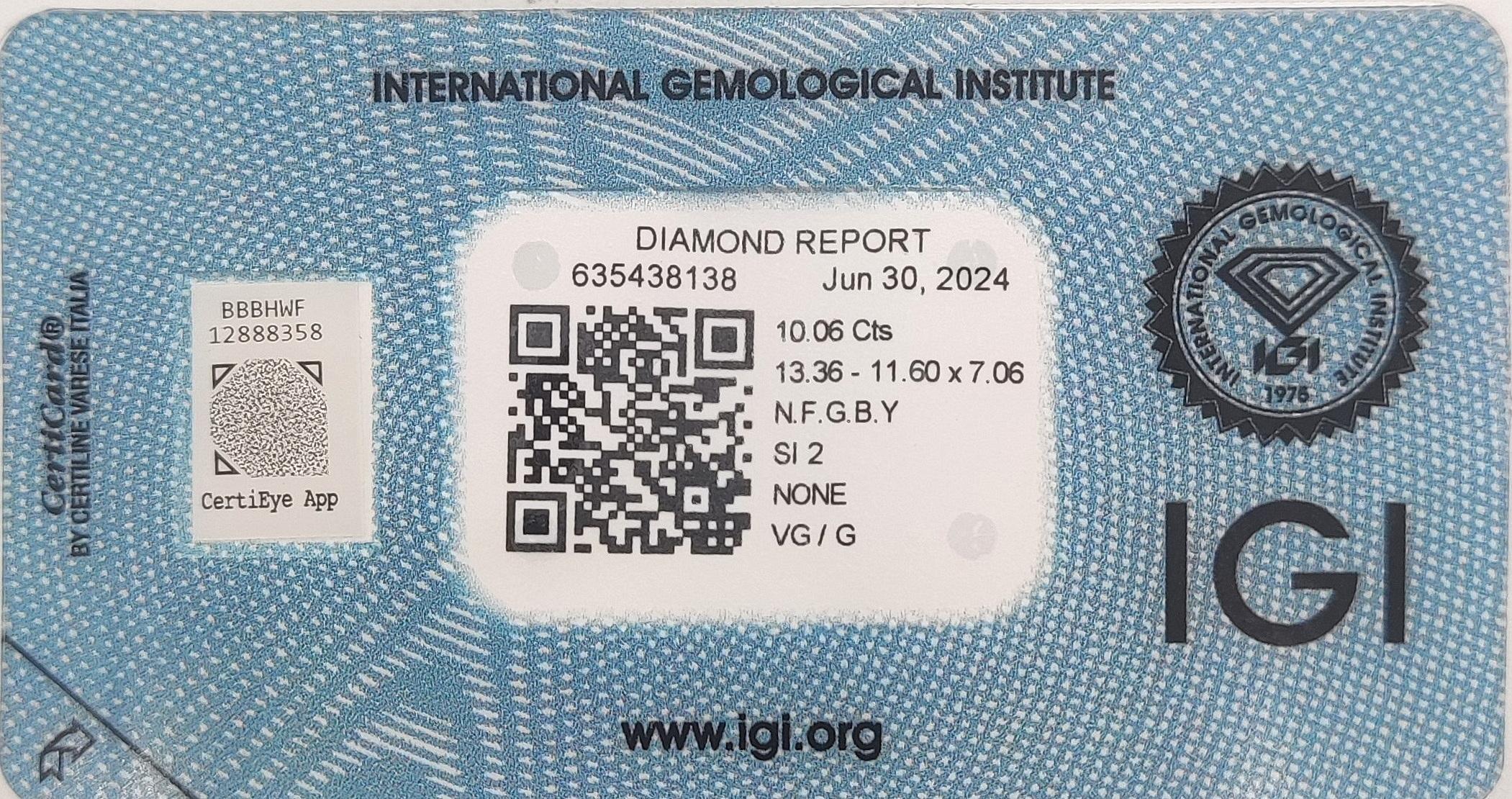 Certificato IGI  10,06 Carati Cuscino Fancy Grigio Marrone Giallo SI2 In condizioni Nuovo in vendita a Ramat Gan, IL