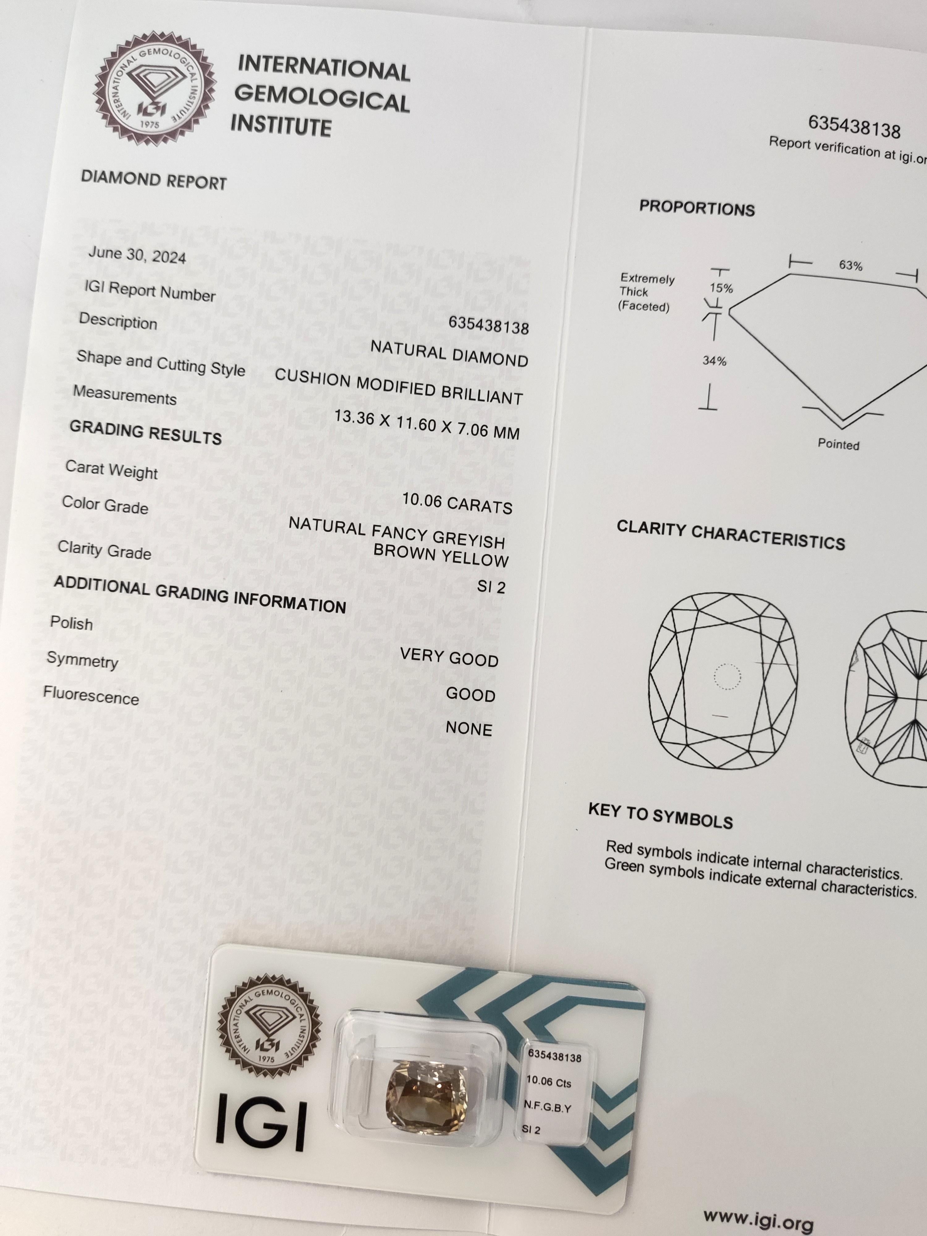 da uomo o donna Certificato IGI  10,06 Carati Cuscino Fancy Grigio Marrone Giallo SI2 in vendita