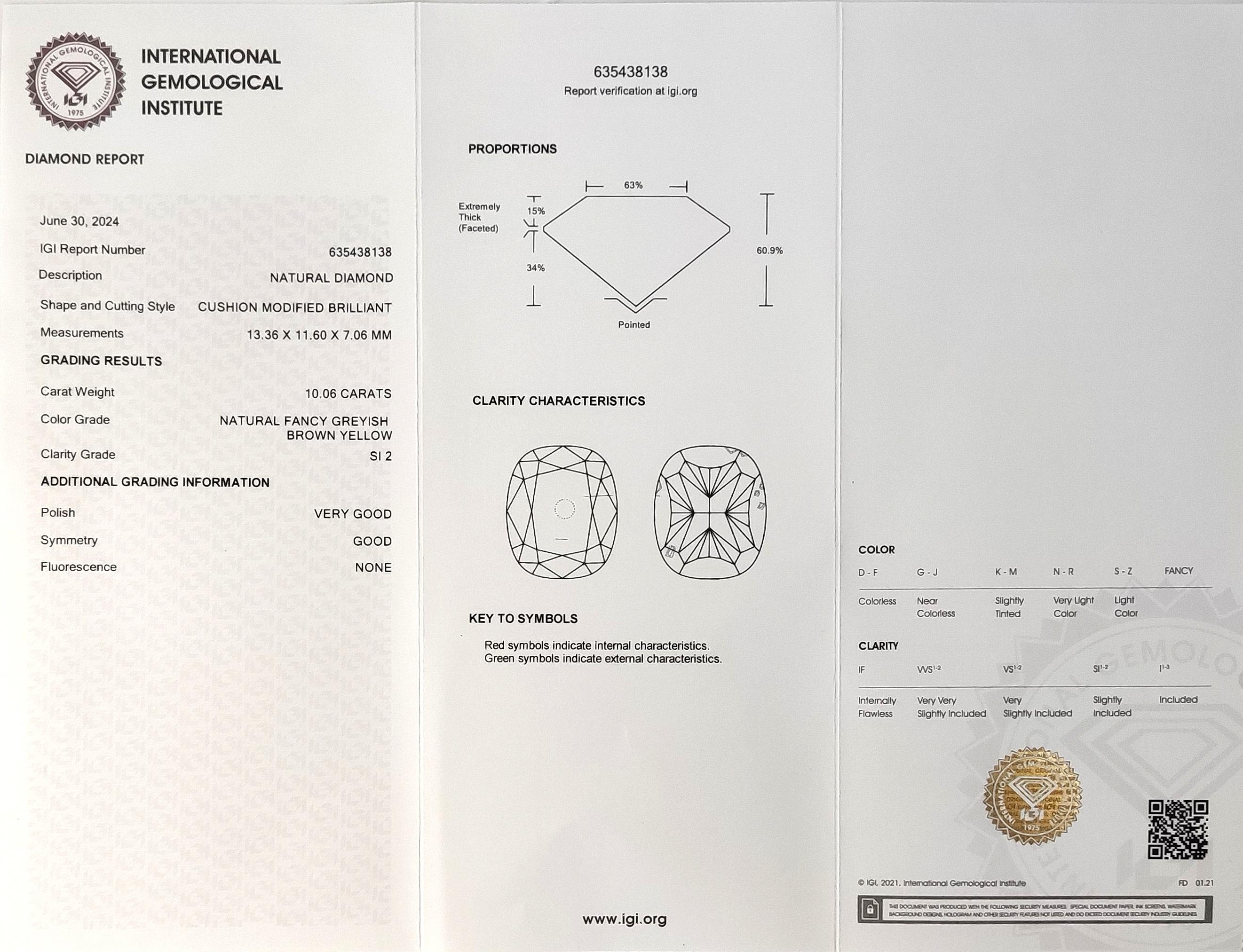 Certificato IGI  10,06 Carati Cuscino Fancy Grigio Marrone Giallo SI2 in vendita 1
