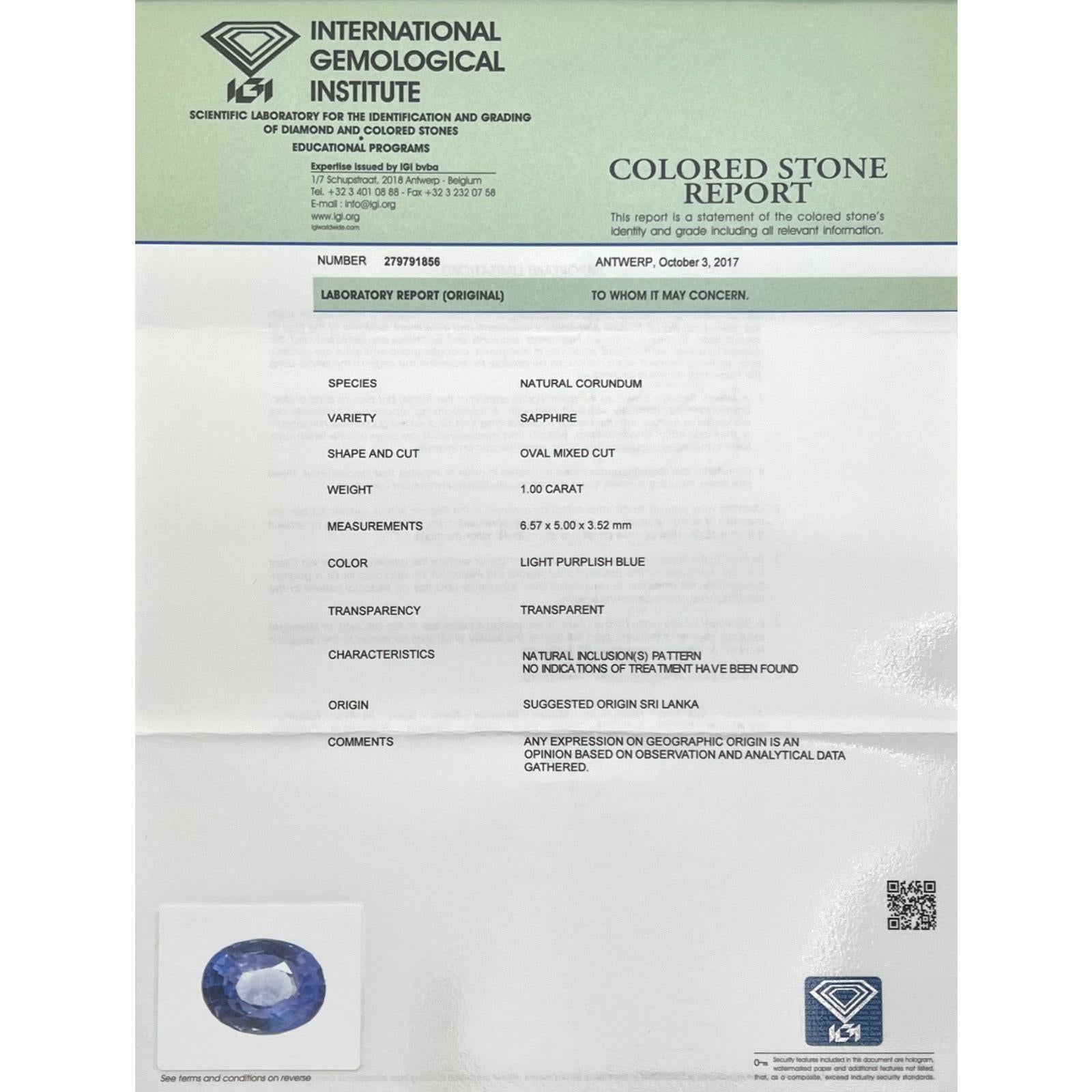 IGI Certified 1.00ct Ceylon Sapphire Natural Light Purple Blue Oval Untreated
 
 IGI Certified Fine Natural Light Purplish Blue Sapphire In IGI Blister.
 1.00 Carat with an excellent oval cut and excellent clarity, a very clean stone. Fully