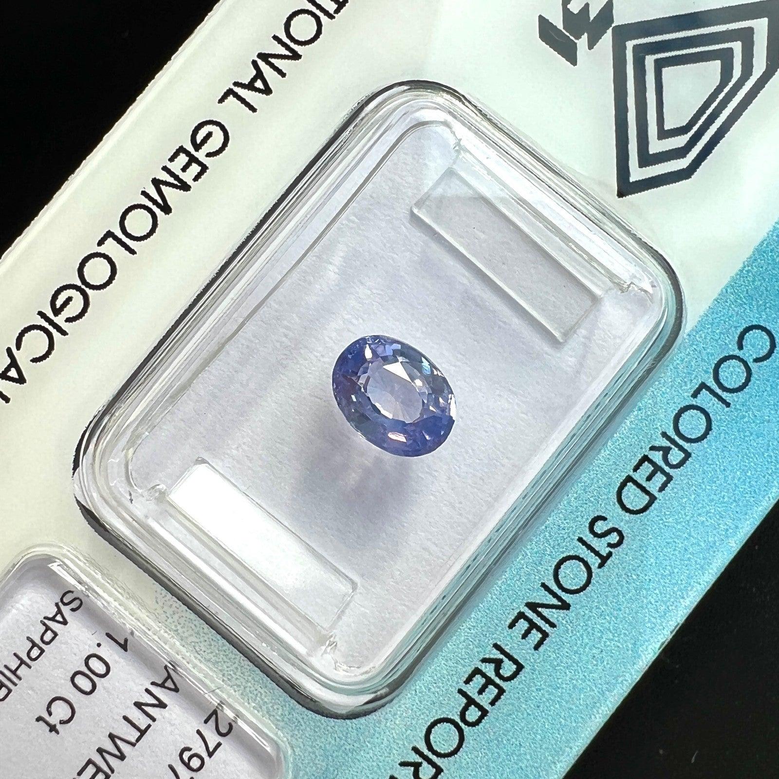 Women's or Men's IGI Certified 1.00ct Ceylon Sapphire Natural Light Purple Blue Oval Untreated For Sale