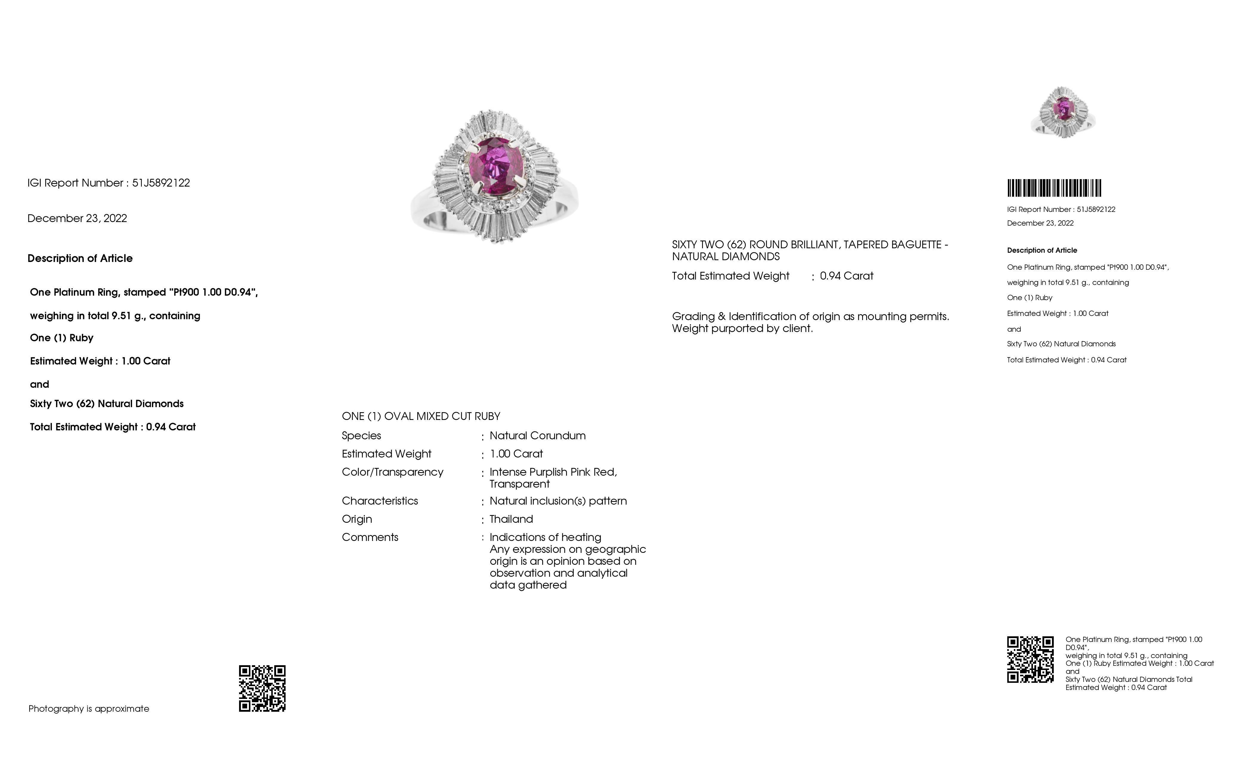 IGI Certified 1.00ct Natural Ruby 0.94ct Natural Diamonds Platinum Ring For Sale 2