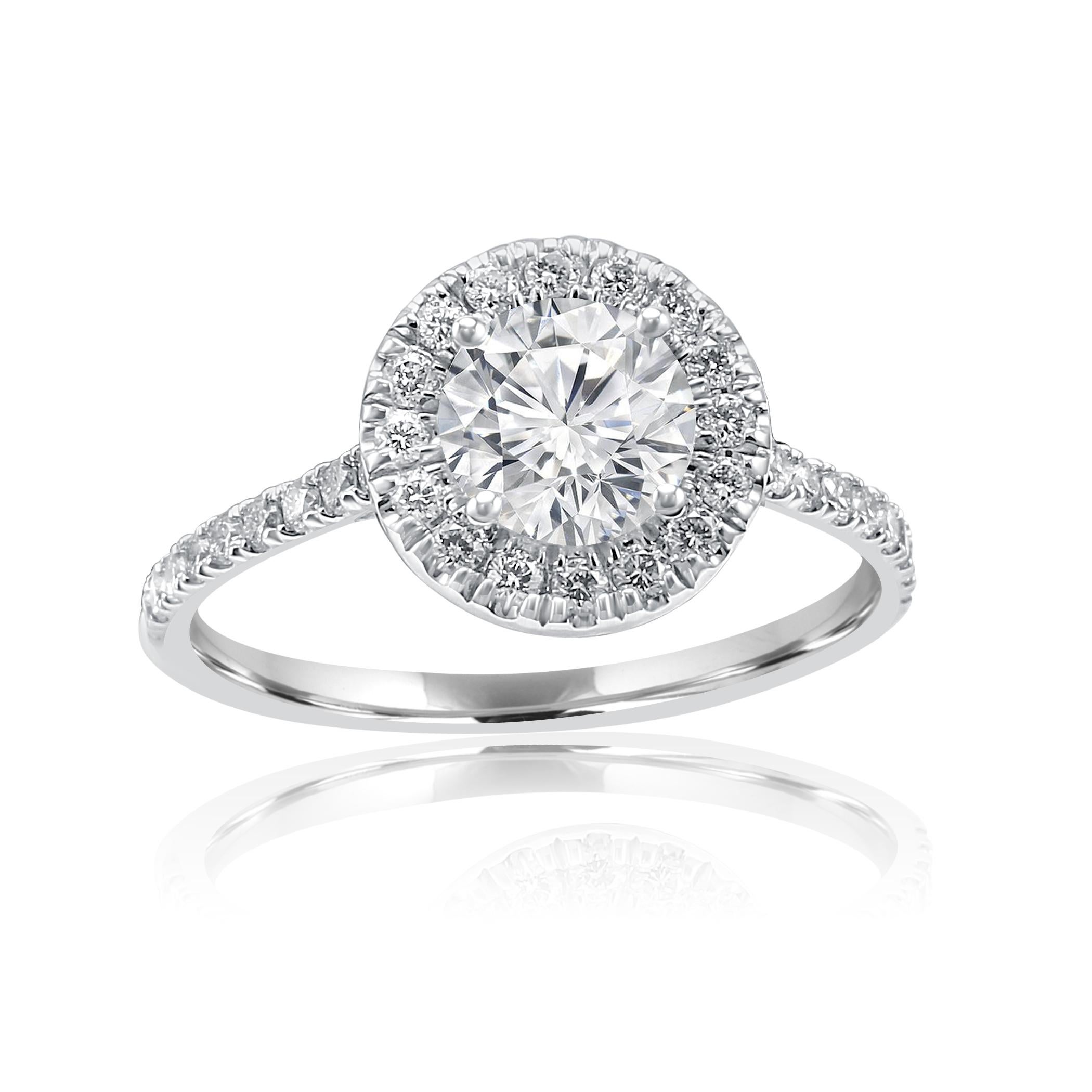 Stunning 1.01 Carat Round G color SI-I1 Clarity  Center encircled in a single Halo of White Round Diamonds 0.50 Carat in 14K White Gold always in style single shank ring

MADE IN USA
Total Diamond Weight 1.51 Carat
MATCHING BAND AVAILABLE.

Style