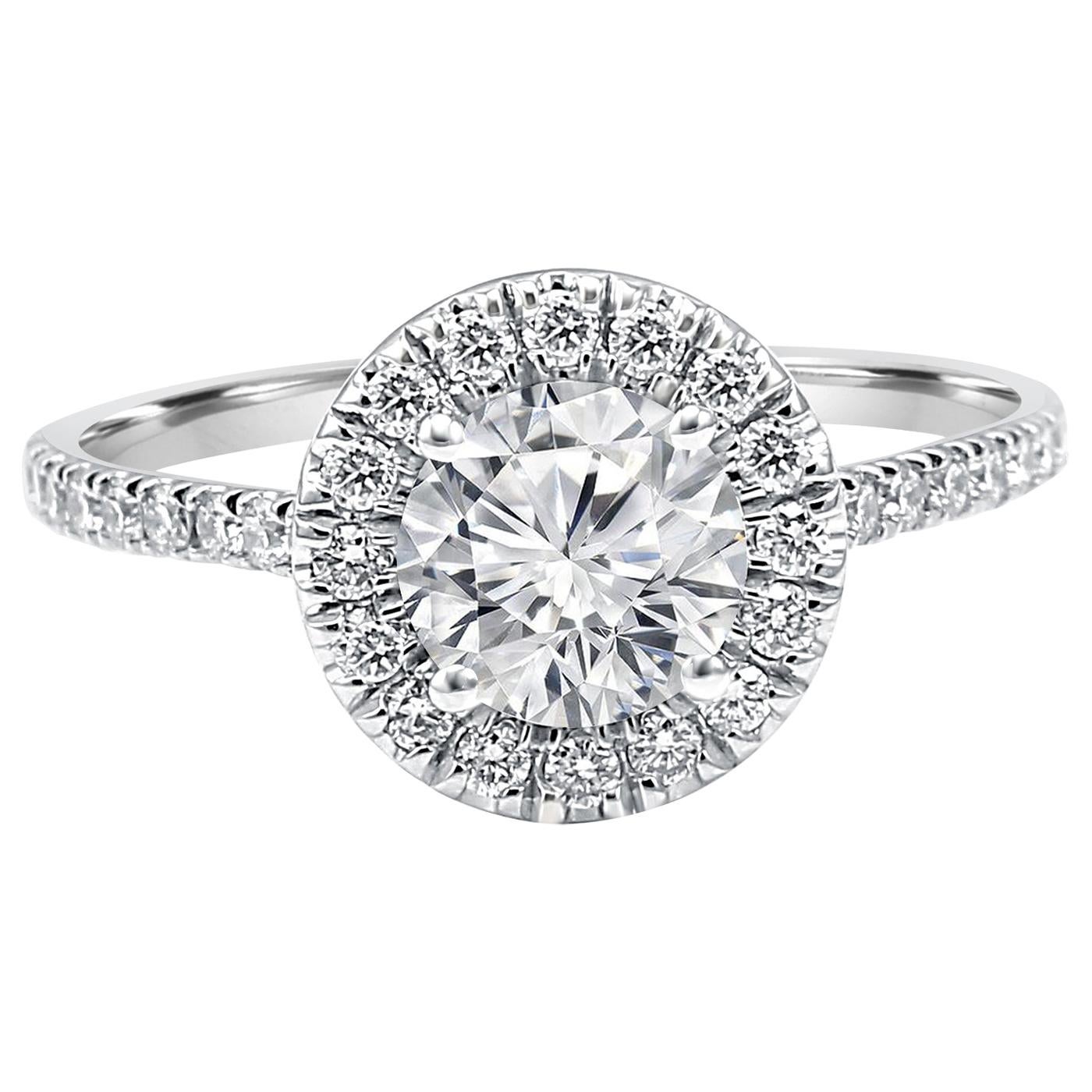 White Diamond Round Halo 1.51 Carat Total 14K Gold Classic Engagement Ring