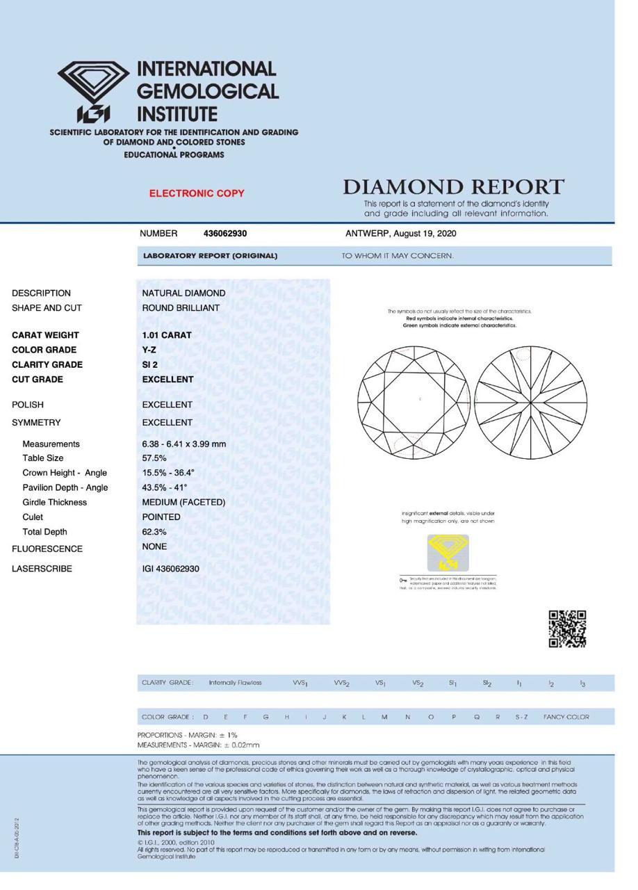 IGI Certified 1.01 Carat Y to Z Range SI2 Clarity Diamond Ring For Sale 4
