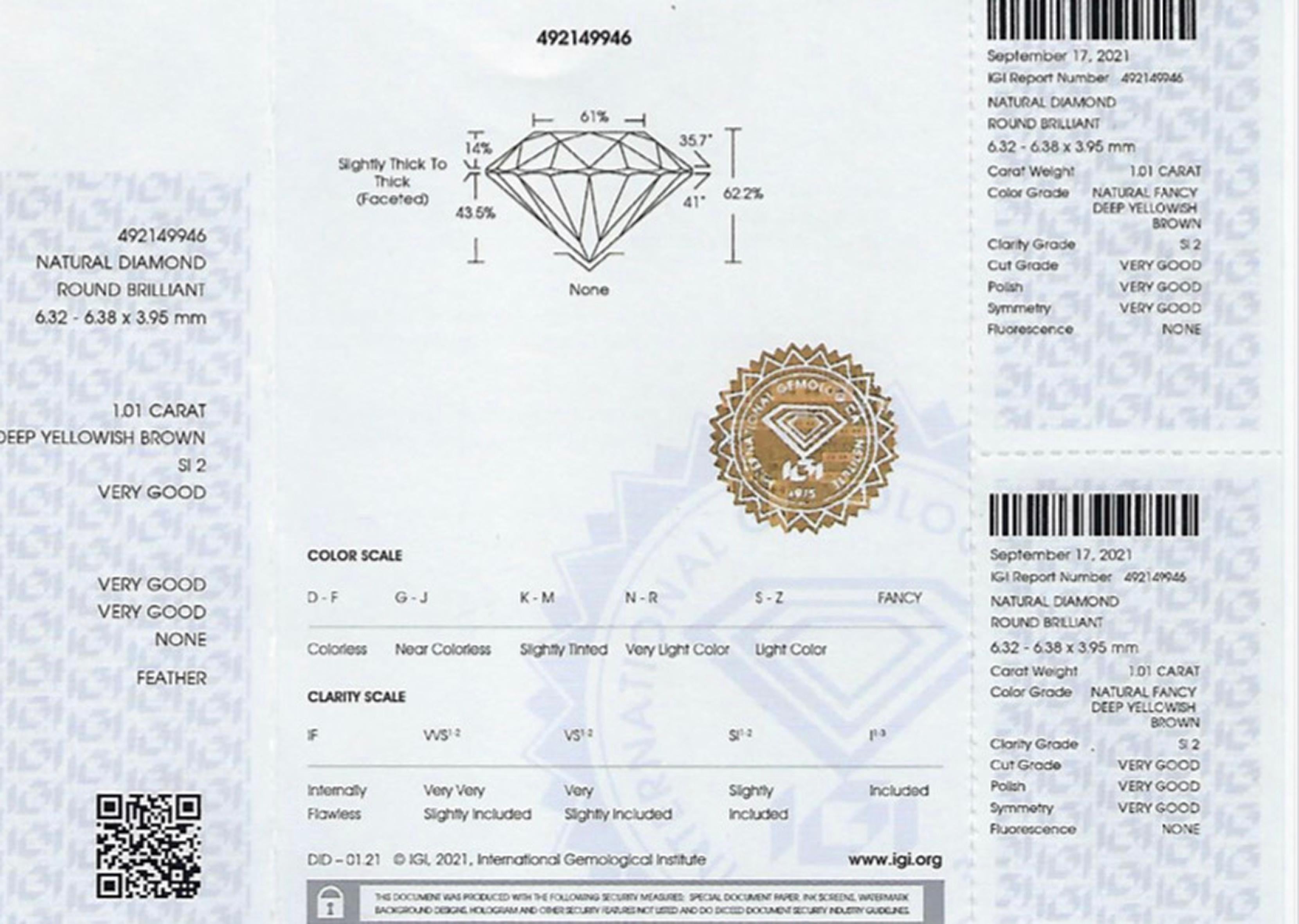 IGI Certified 1.01 Karat Champagne White Diamond Rose Gold Solitaire Ring For Sale 2