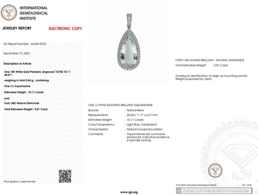 Aigue-marine et diamant certifiés IGI de 10,11 carats en or blanc 18 carats en vente 1