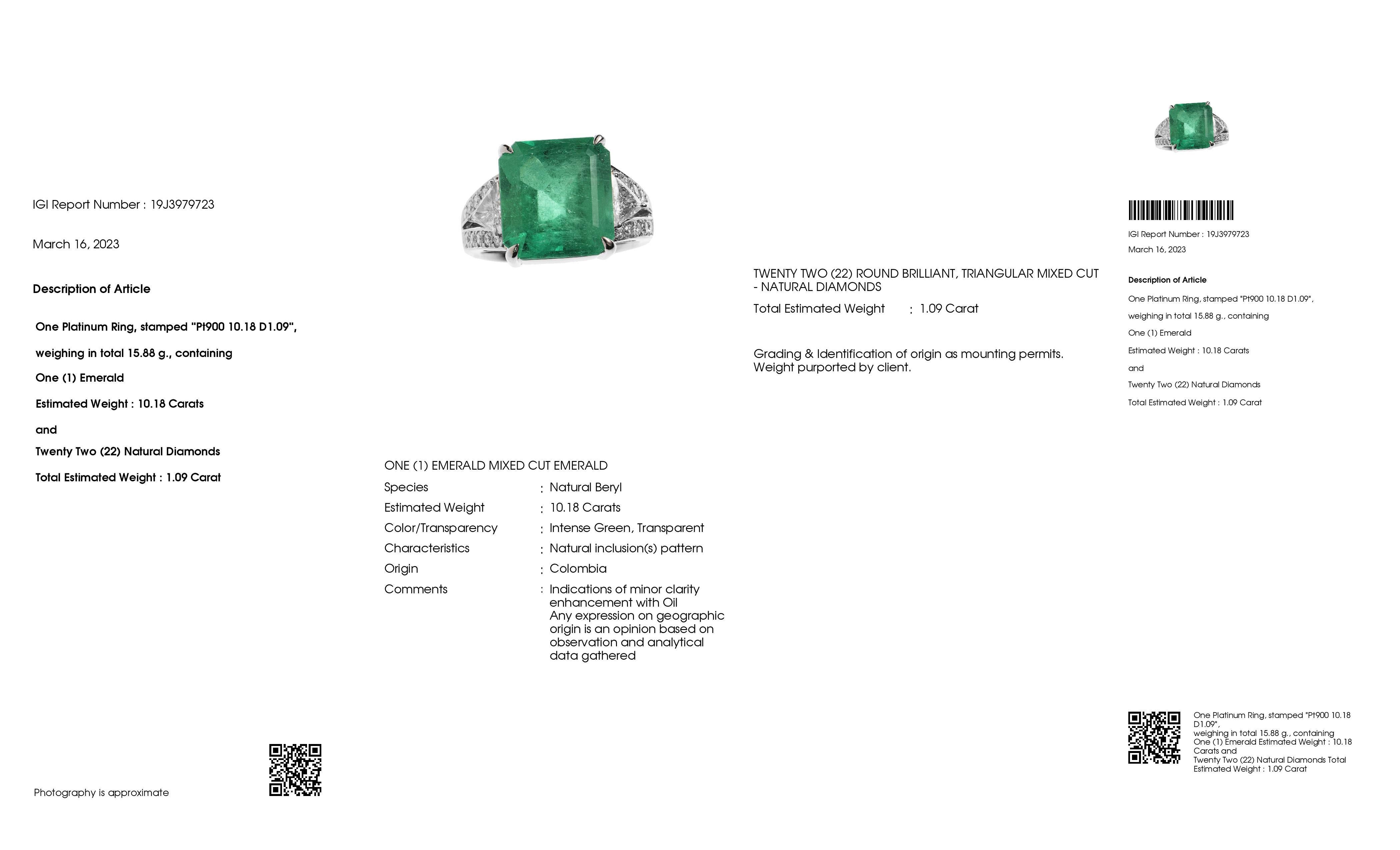 IGI Certified 10.18ct Colombia Emerald and 1.09ct Natural Diamonds Platinum Ring For Sale 2