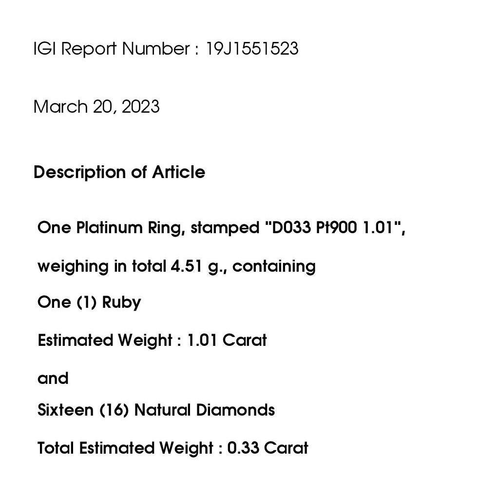 IGI Certified 1.01ct Burma Ruby and 0.33ct Natural Diamonds Platinum Ring For Sale 6