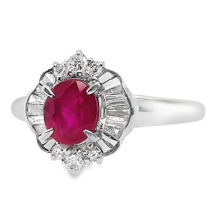 Sparkle in style with our Top Crown Jewelry House platinum ring, featuring an IGI-certified 1.01-carat vivid purplish-red Burma ruby surrounded by 0.33 carats of natural diamonds. This elegant piece, weighing 4.51 grams, size 15 / US 7.2, is a touch