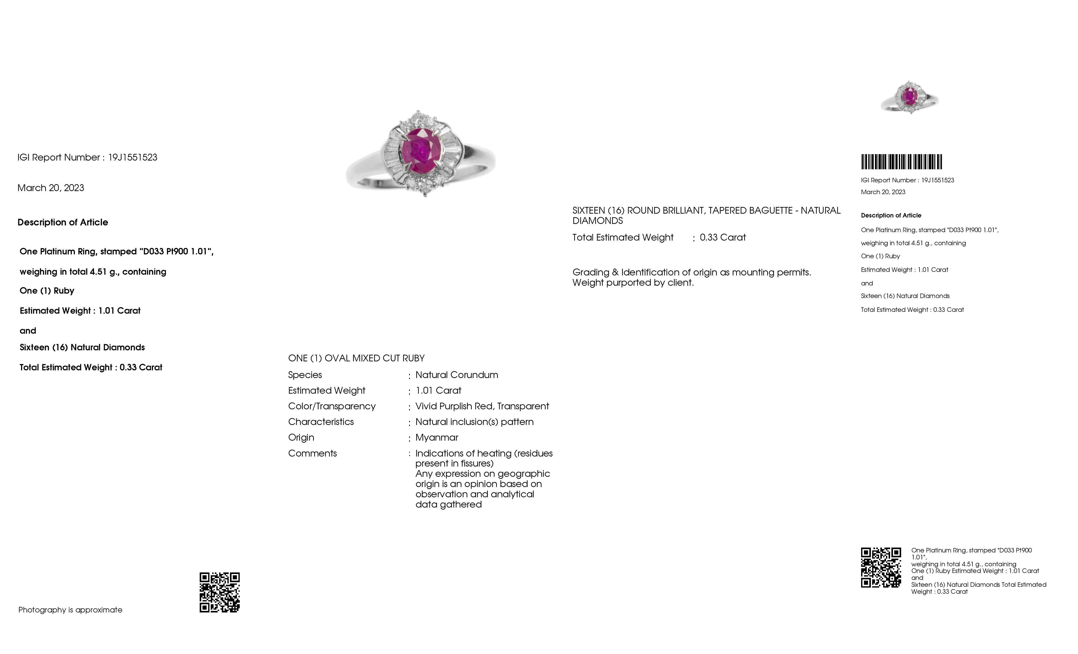 IGI Certified 1.01ct Burma Ruby and 0.33ct Natural Diamonds Platinum Ring For Sale 2