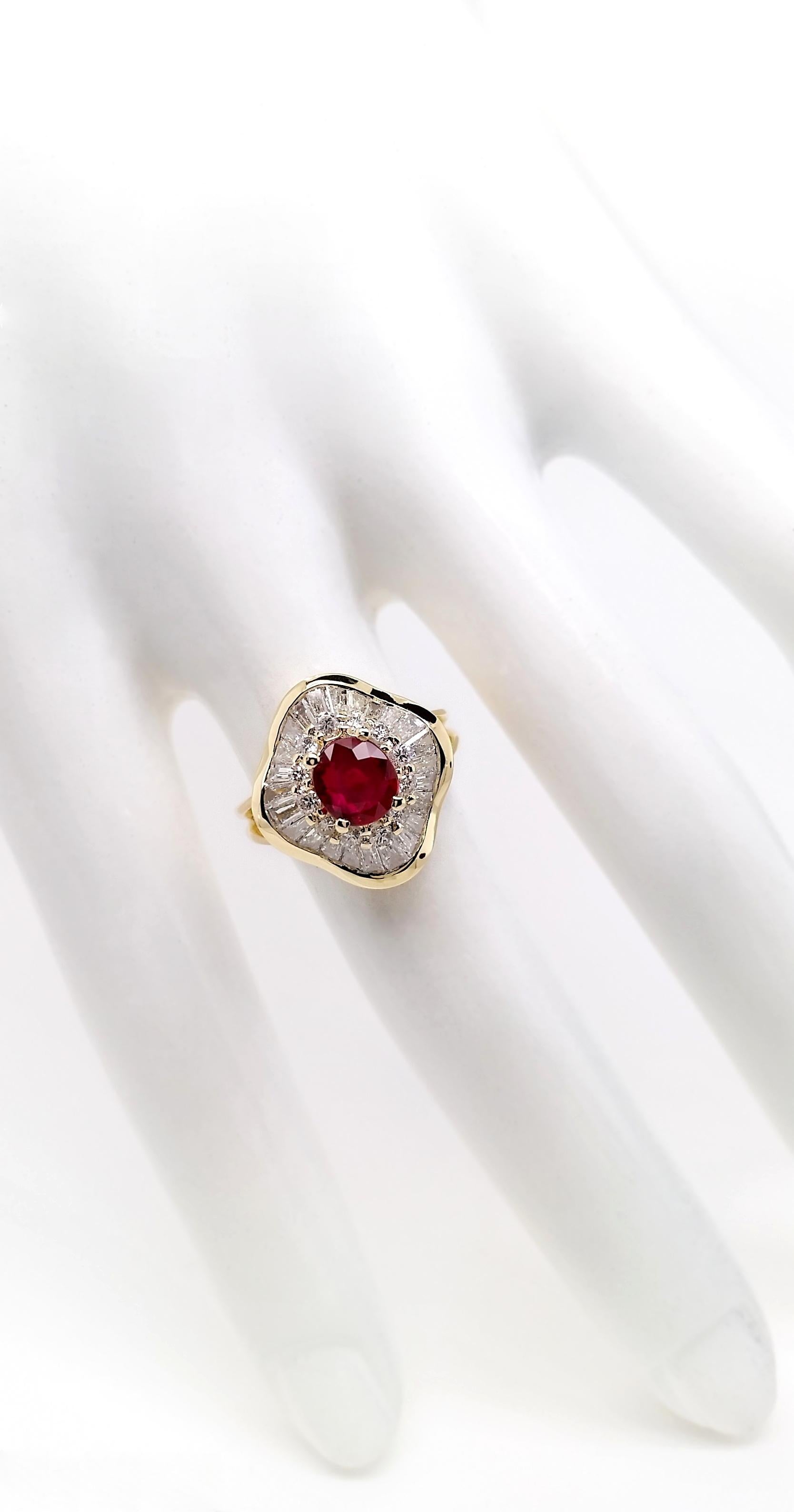 Oval Cut IGI Certified 1.01ct Vivid-Red Ruby and 1ct Diamonds 18k Yellow Gold Ring For Sale