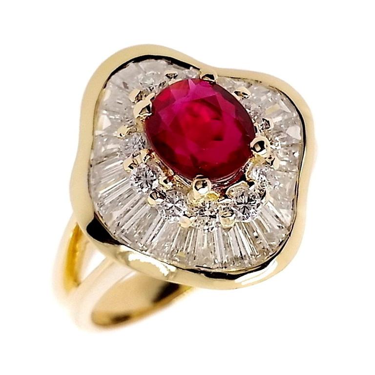 Women's IGI Certified 1.01ct Vivid-Red Ruby and 1ct Diamonds 18k Yellow Gold Ring For Sale