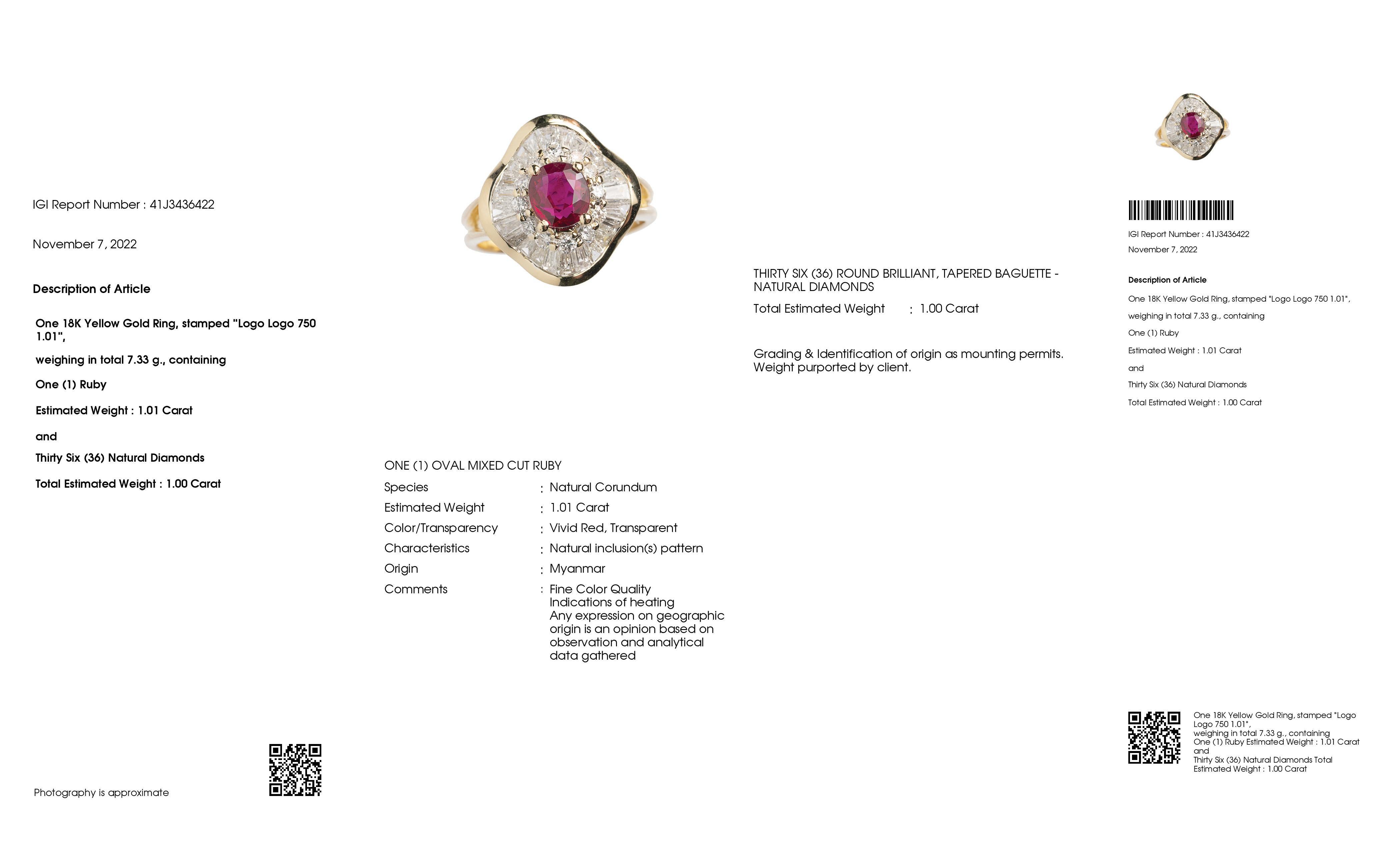 IGI Certified 1.01ct Vivid-Red Ruby and 1ct Diamonds 18k Yellow Gold Ring For Sale 2