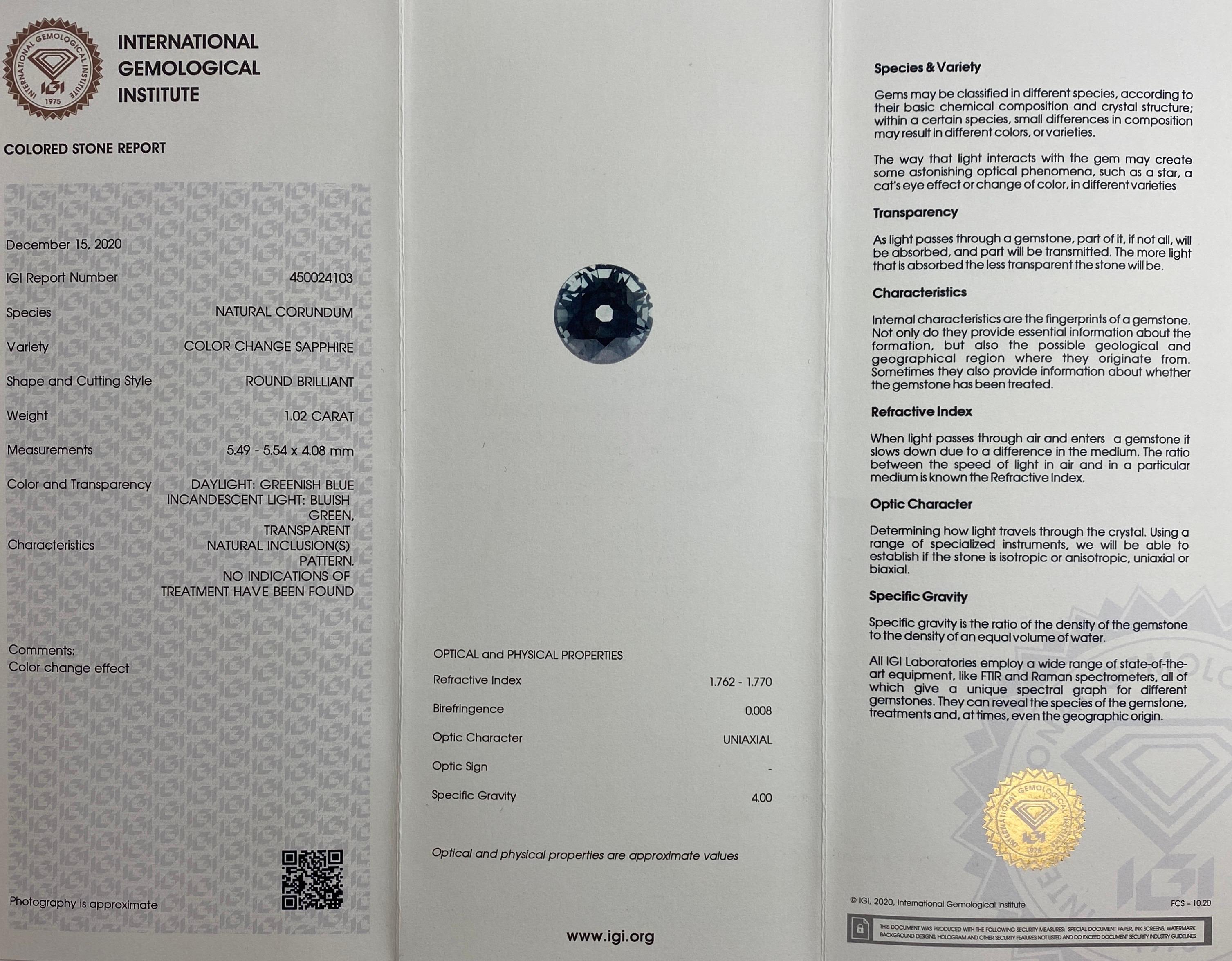 IGI Certified 1.02 Colour Change Untreated Sapphire Diamond Platinum Pendant In New Condition In Birmingham, GB