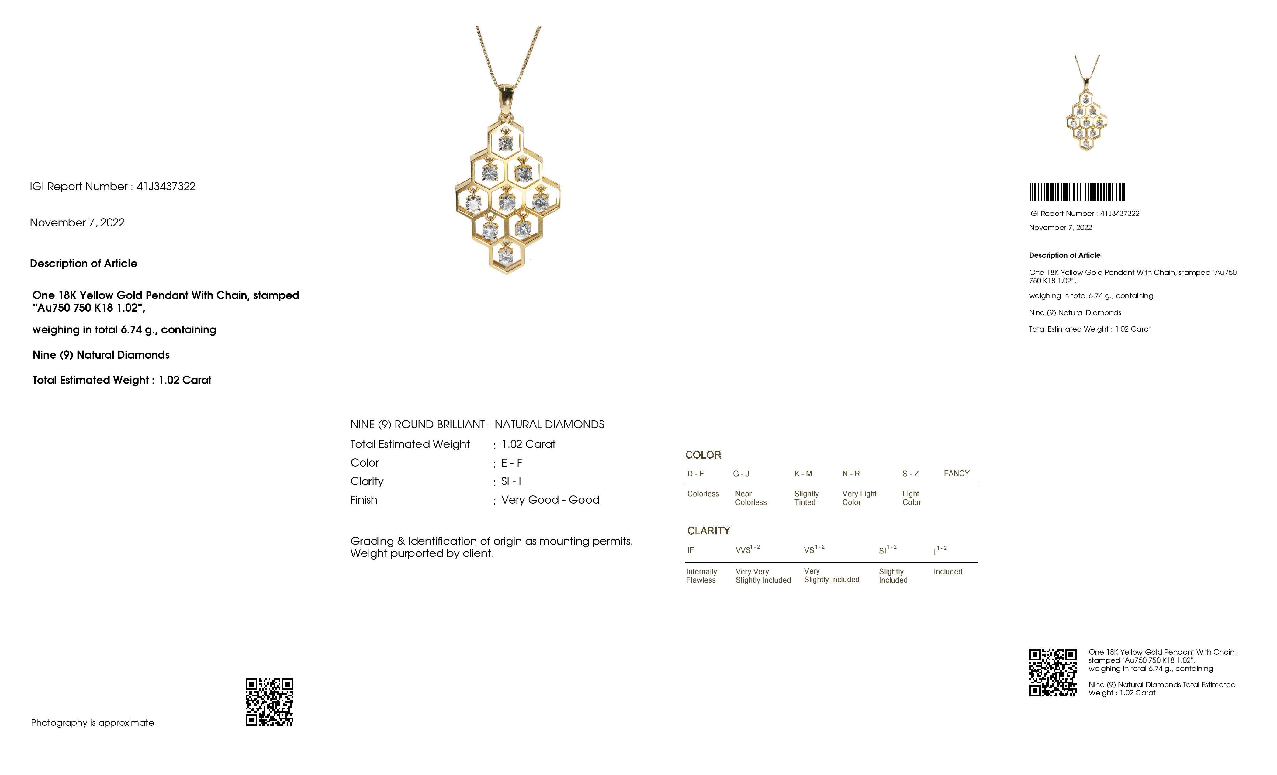 IGI Certified 1.02ct Natural Diamonds 18K Yellow Gold Pendant Necklace For Sale 1