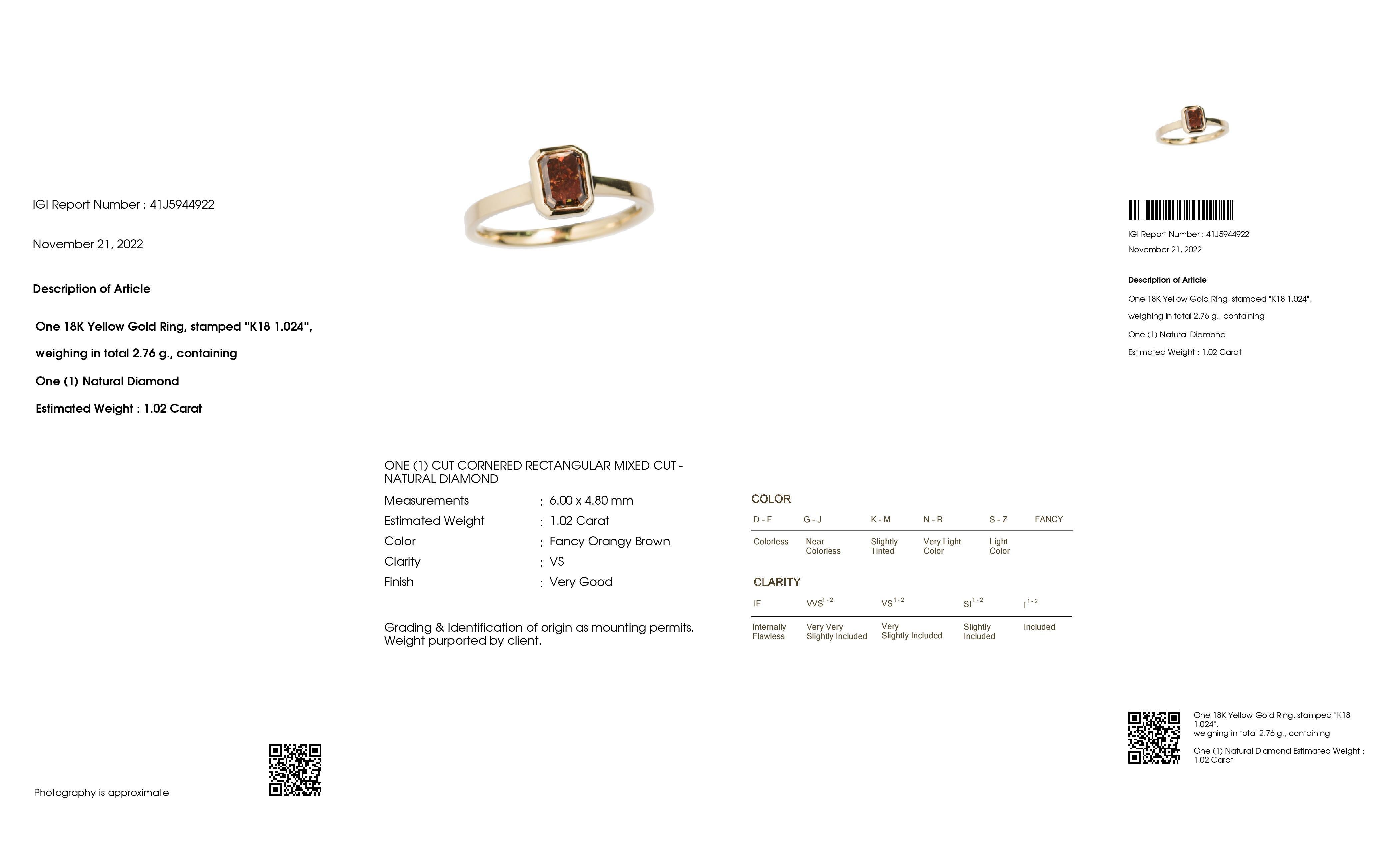 Embrace the extraordinary with this unique 18K yellow gold ring, featuring a captivating 1.02-carat natural fancy Orangy-brown diamond – a rare gem that defies convention and celebrates individual style. This delicate 2.76-gram masterpiece whispers
