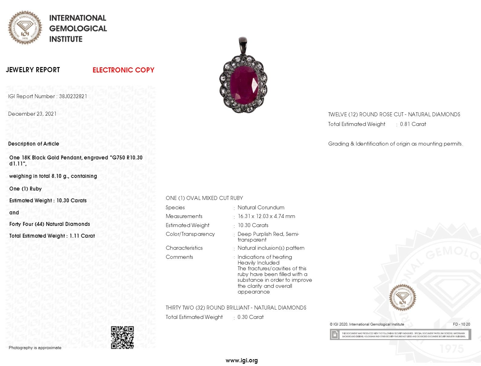 IGI Certified 10.30 Carat Red Ruby & Diamond Pendent in 18K Black Gold For Sale 1