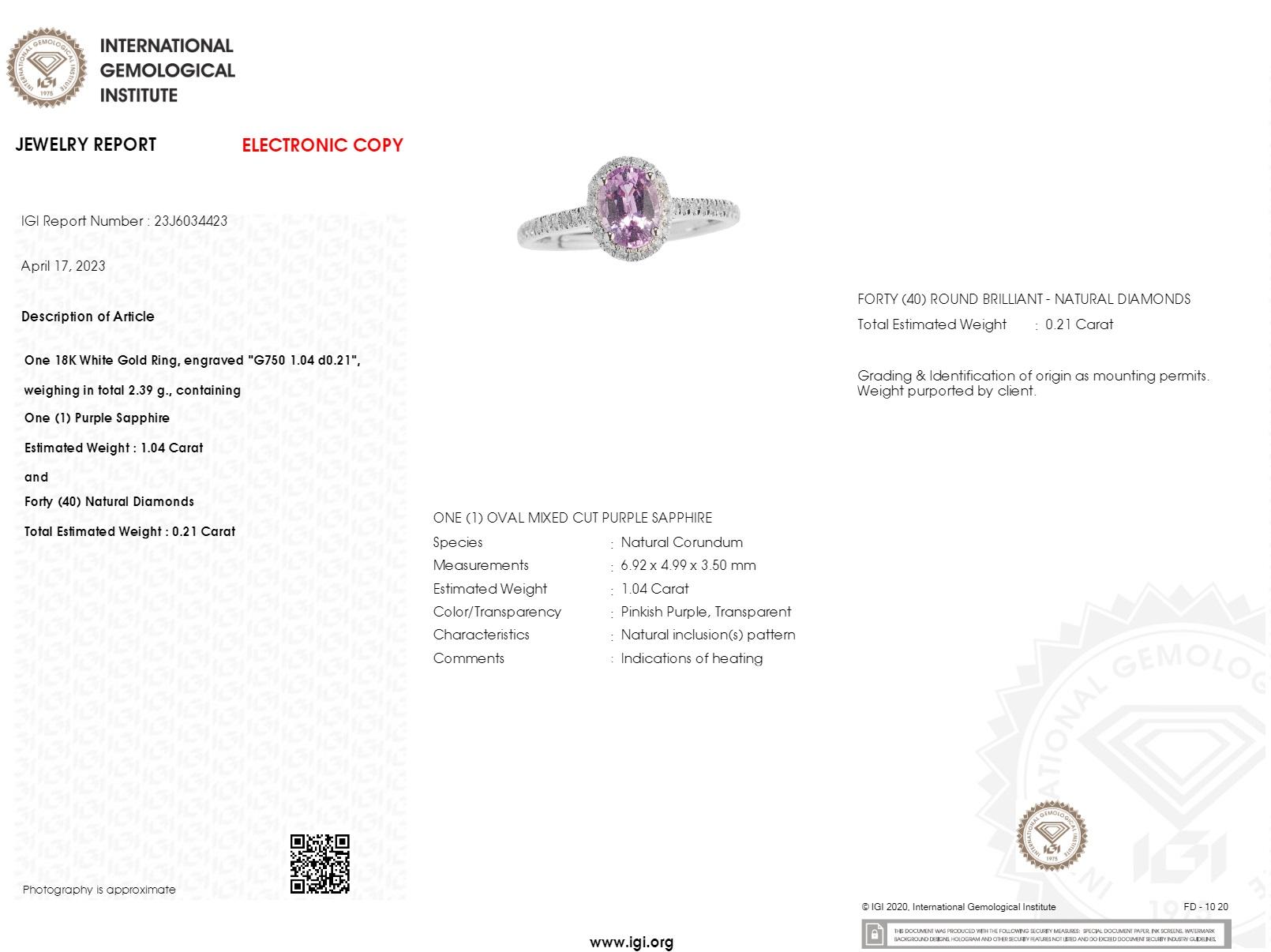 IGI Certified 1.04 Carat Purple Sapphire & Diamond Ring in 18K White Gold For Sale 2