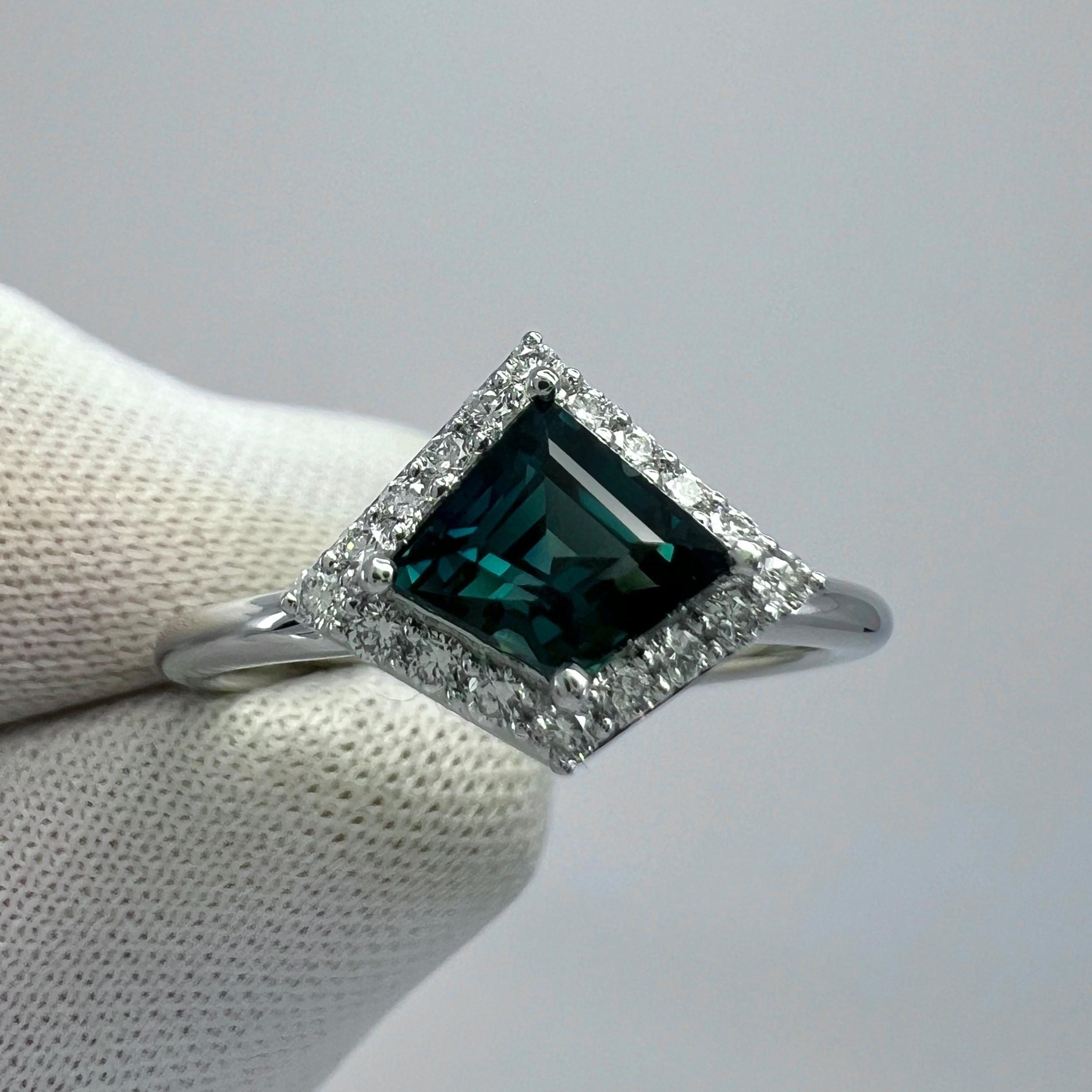 IGI Certified 1.04ct Fancy Kite Blue Sapphire & Diamond 18k White Gold Halo Ring For Sale 6