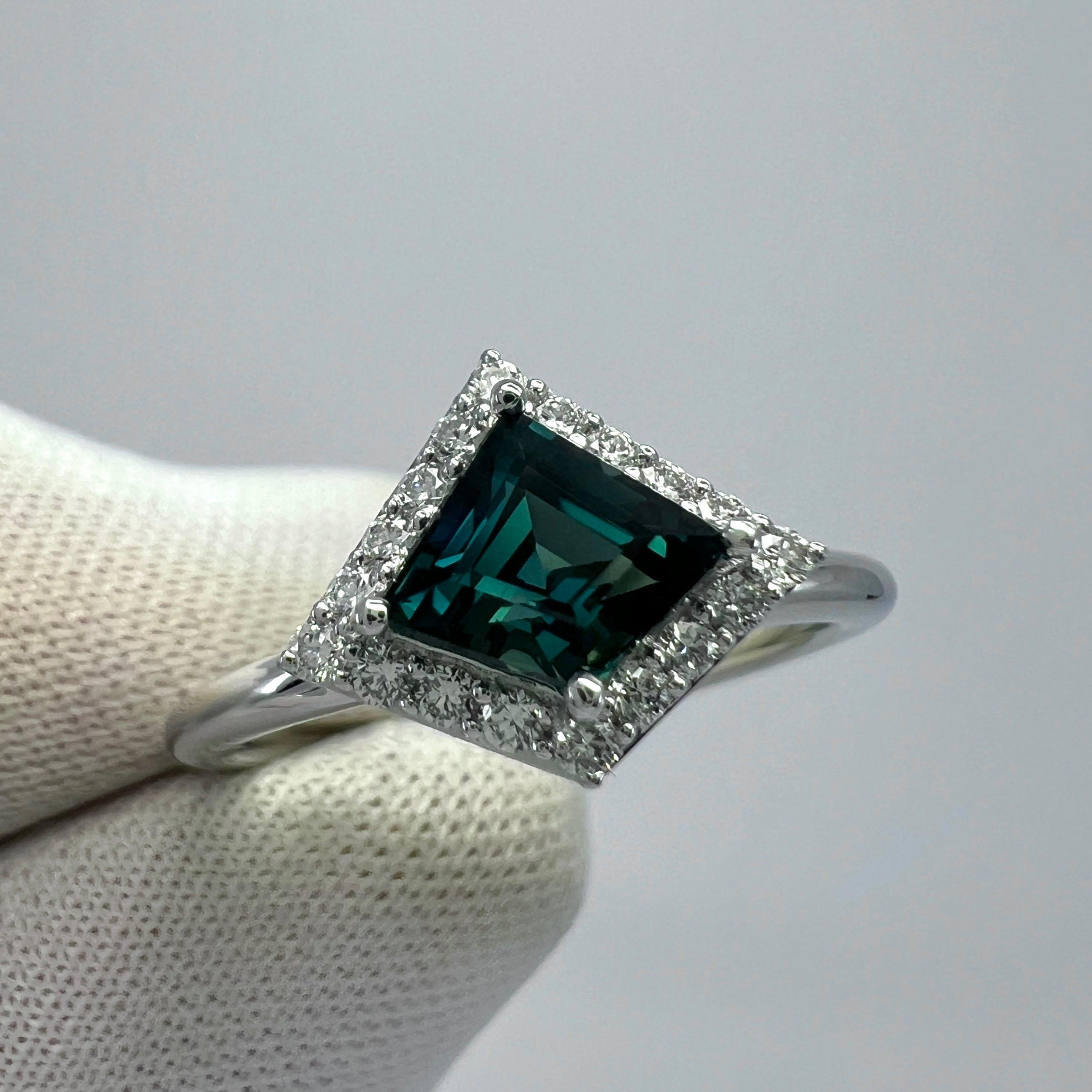 Kite Cut IGI Certified 1.04ct Fancy Kite Blue Sapphire & Diamond 18k White Gold Halo Ring For Sale