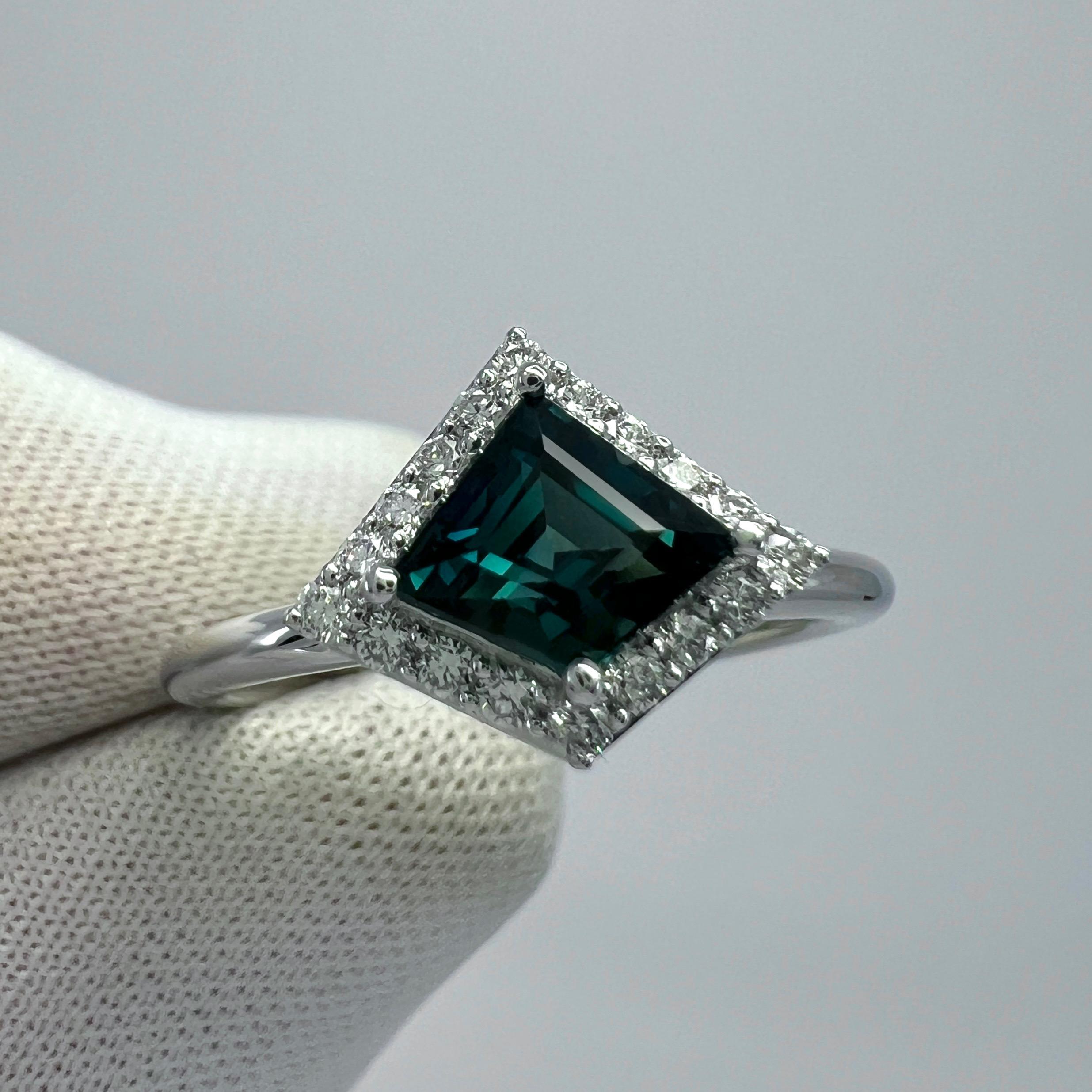 IGI Certified 1.04ct Fancy Kite Blue Sapphire & Diamond 18k White Gold Halo Ring For Sale 1