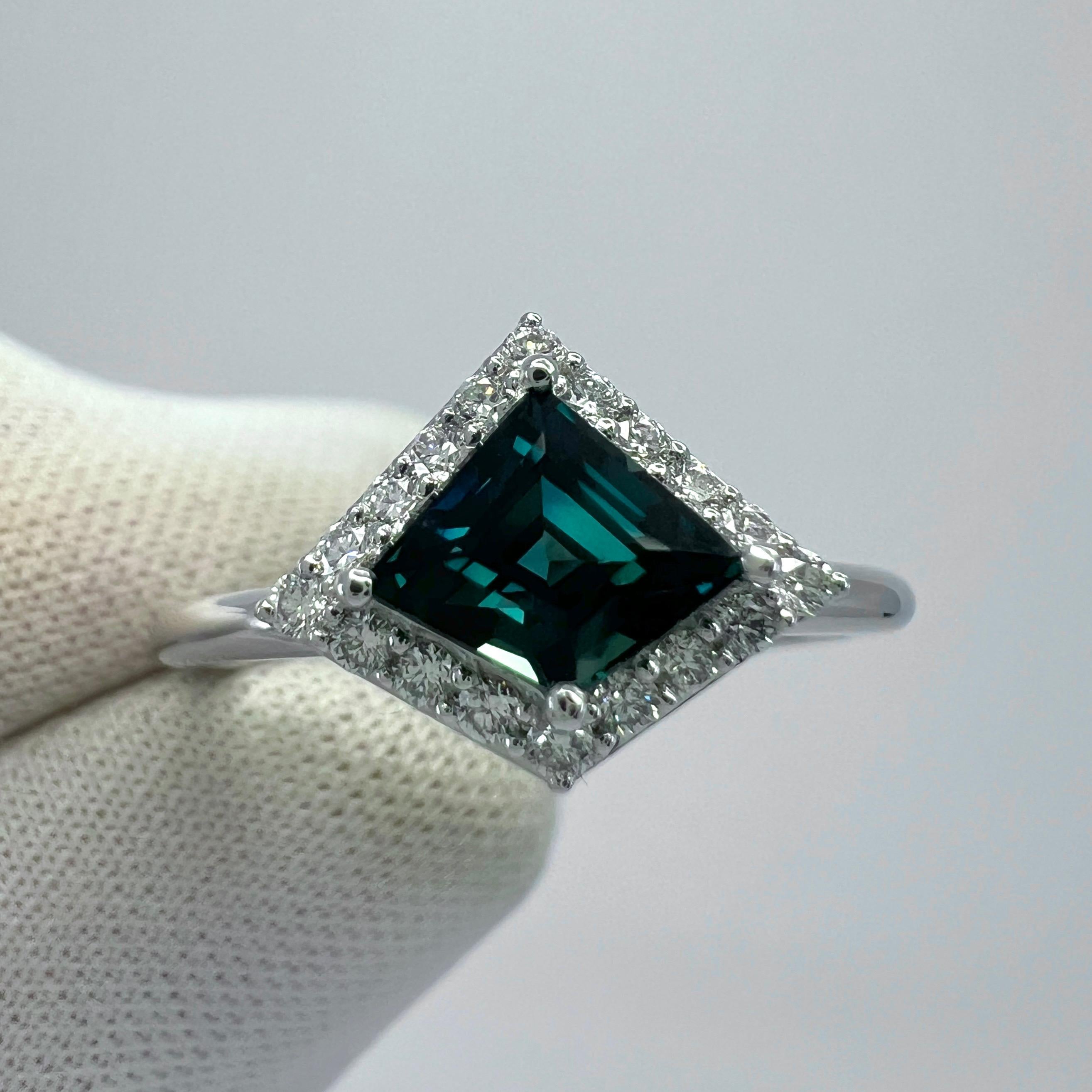 IGI Certified 1.04ct Fancy Kite Blue Sapphire & Diamond 18k White Gold Halo Ring For Sale 2