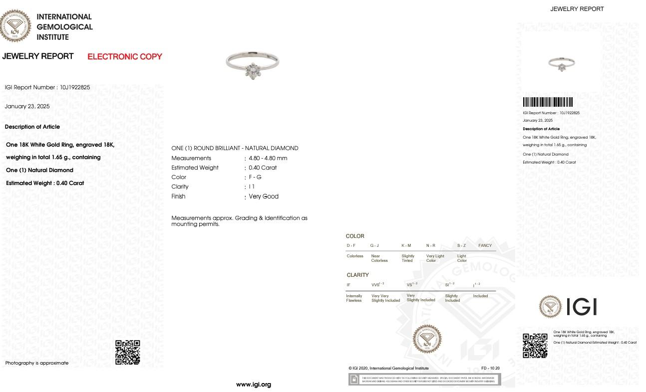 IGI Certified 0.40 Ct Round Brilliant Diamond Engagement Ring in 18K White Gold For Sale 4