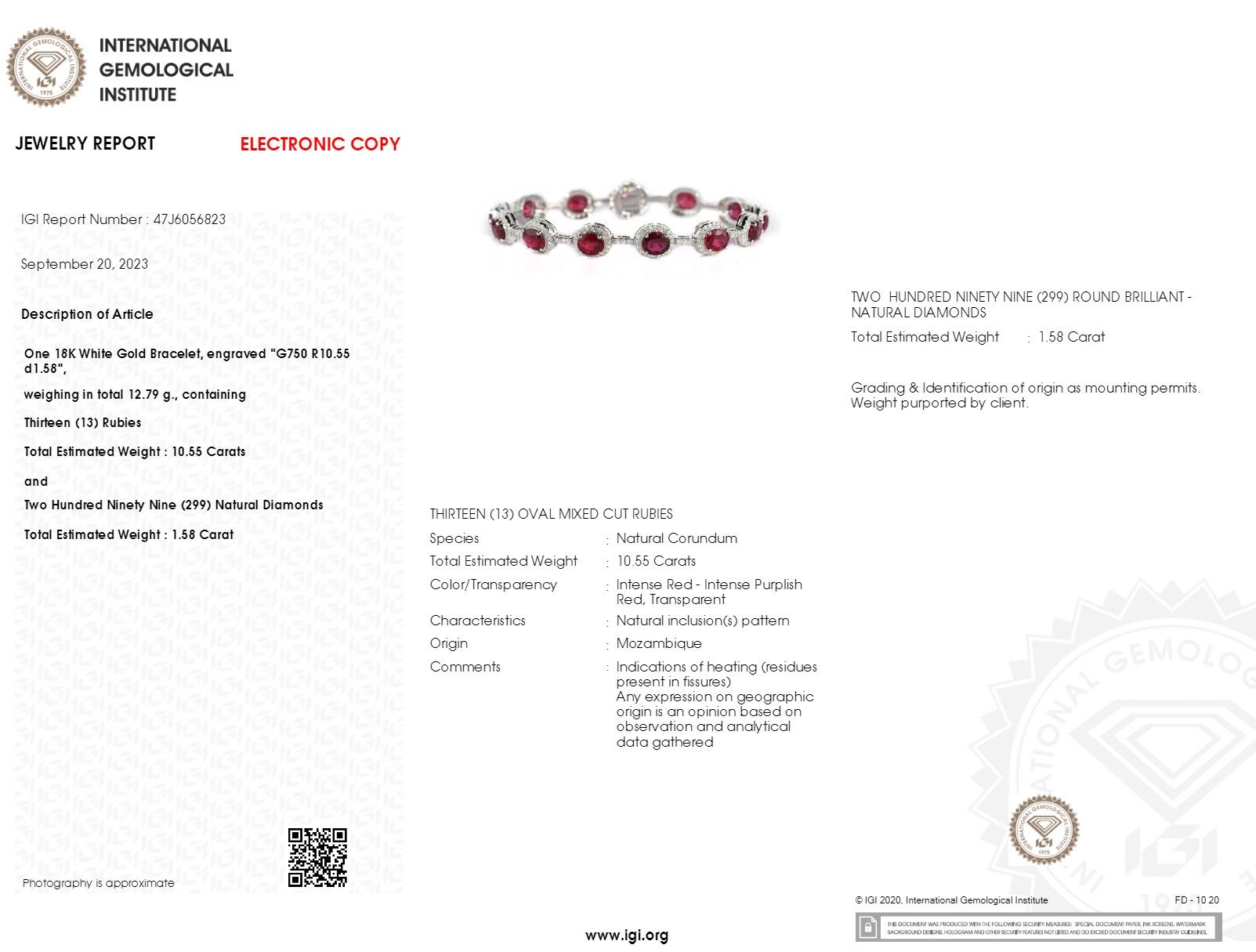 IGI Certified 10.55 Carat Ruby & Diamond Bracelet in 18K White Gold In New Condition For Sale In KOWLOON, HK