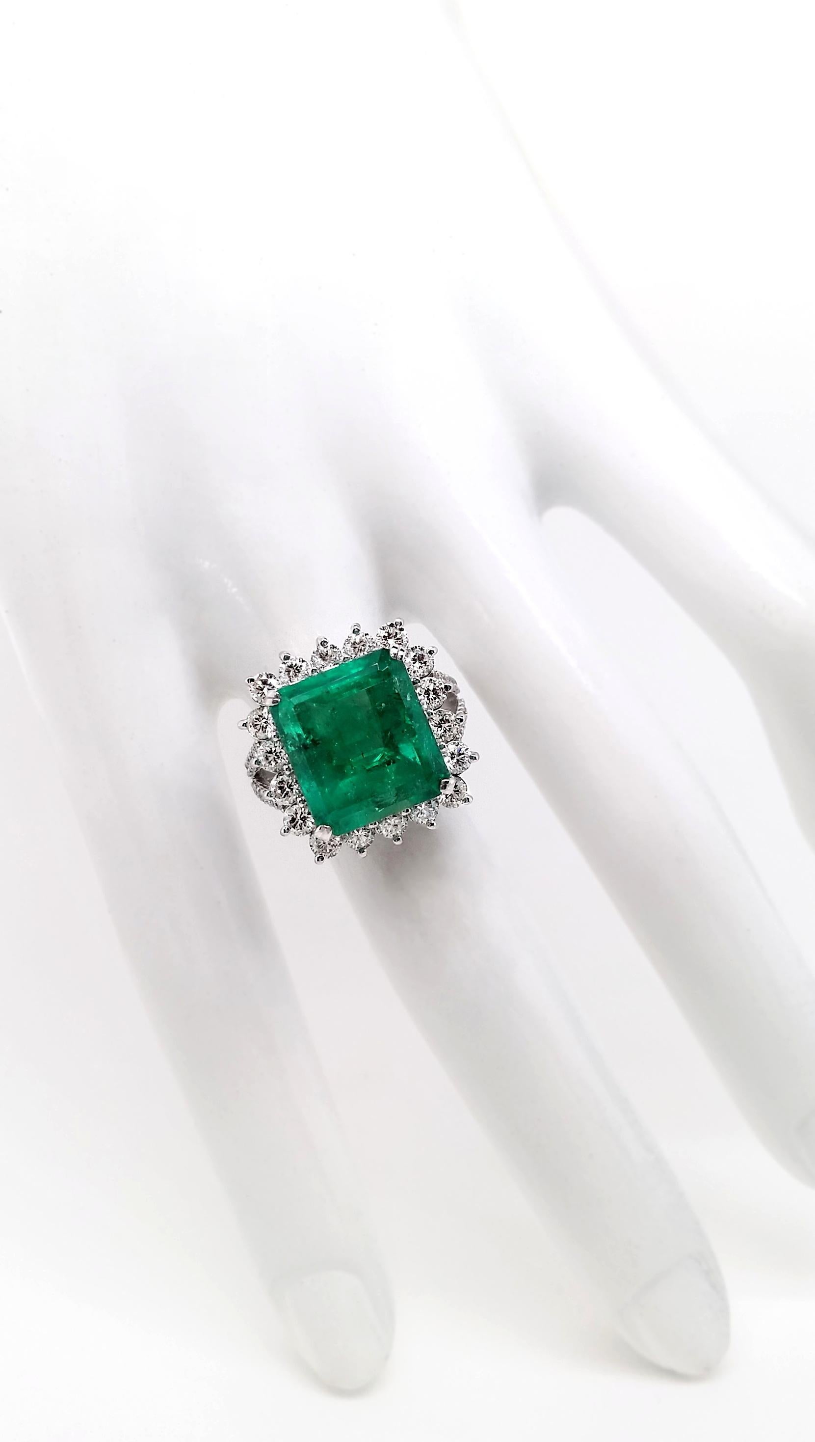 Emerald Cut IGI Certified 10.5ct Natural Emerald and 1.75ct Natural Diamonds Platinum Ring