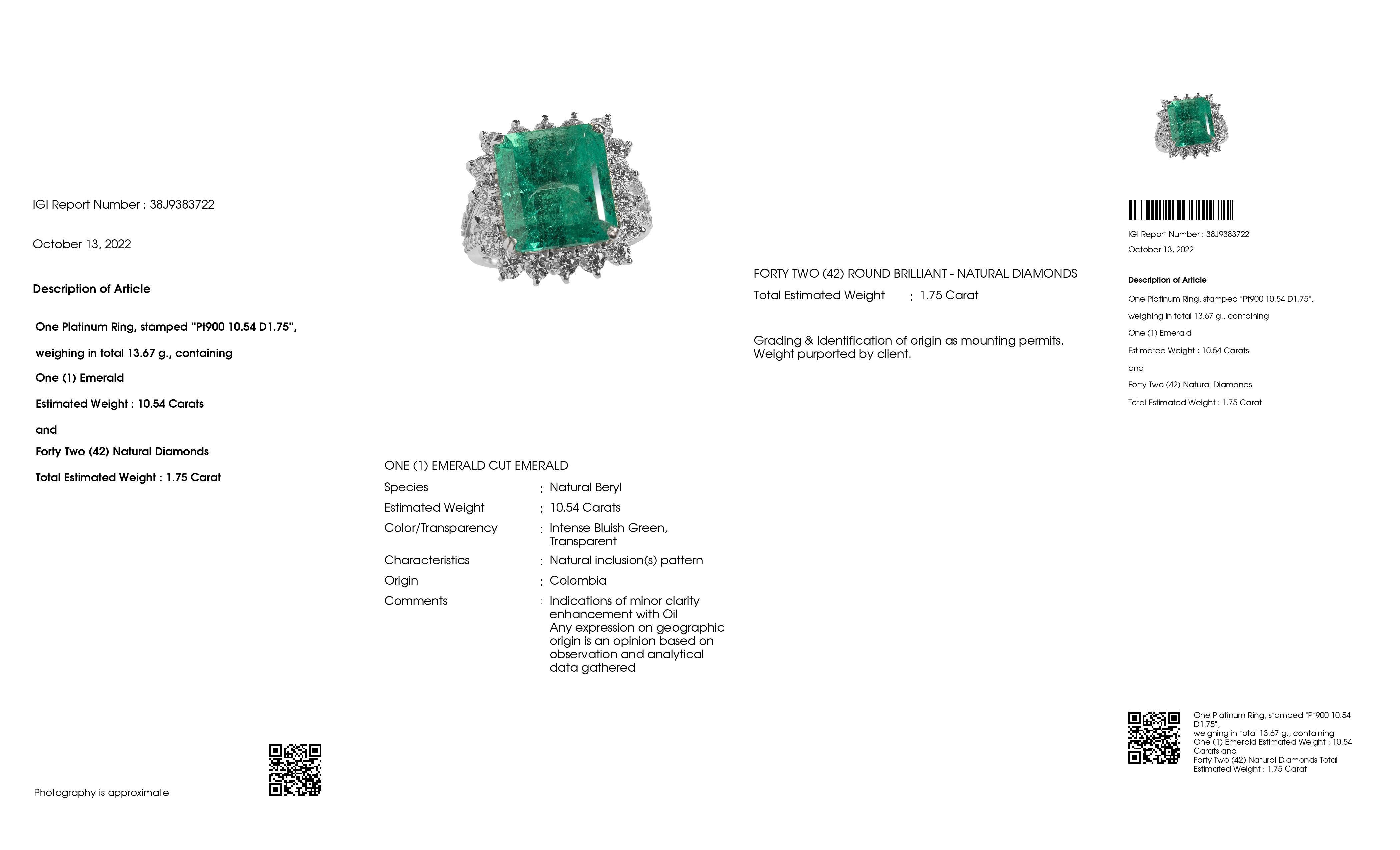 IGI Certified 10.5ct Natural Emerald and 1.75ct Natural Diamonds Platinum Ring 2