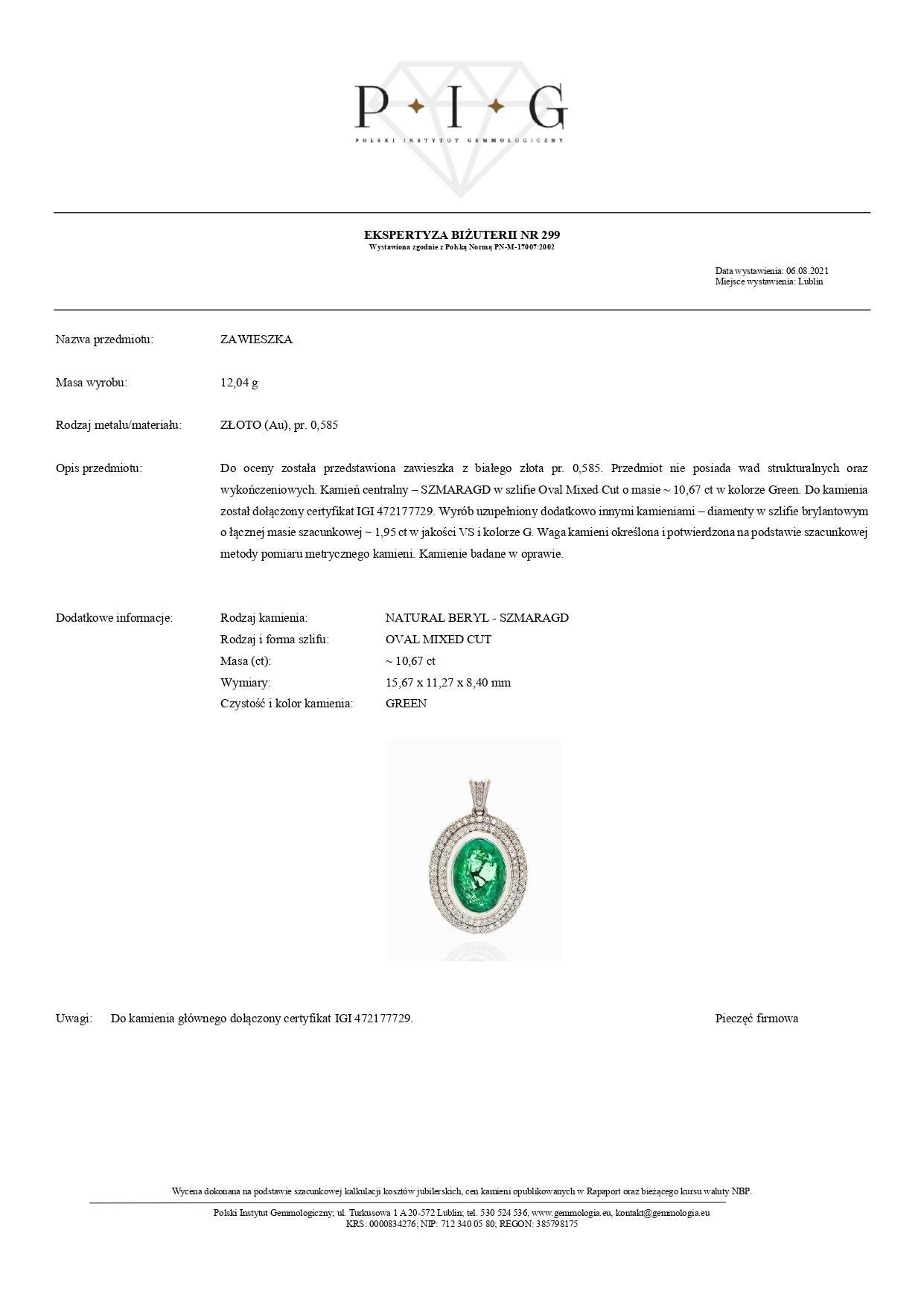 Pendentif en or blanc 14K certifié IGI 10,67 ct émeraude et 1,95 carat diamant Neuf - En vente à Warszawa, PL