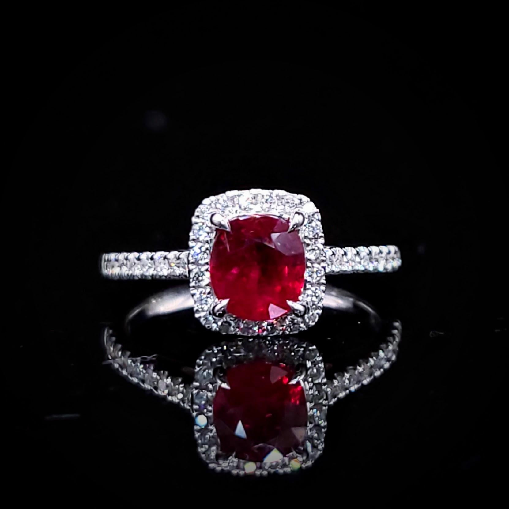 Modern IGI Certified 1.07 Carat Pigeon Blood Ruby & Diamond Ring in 18K White Gold For Sale