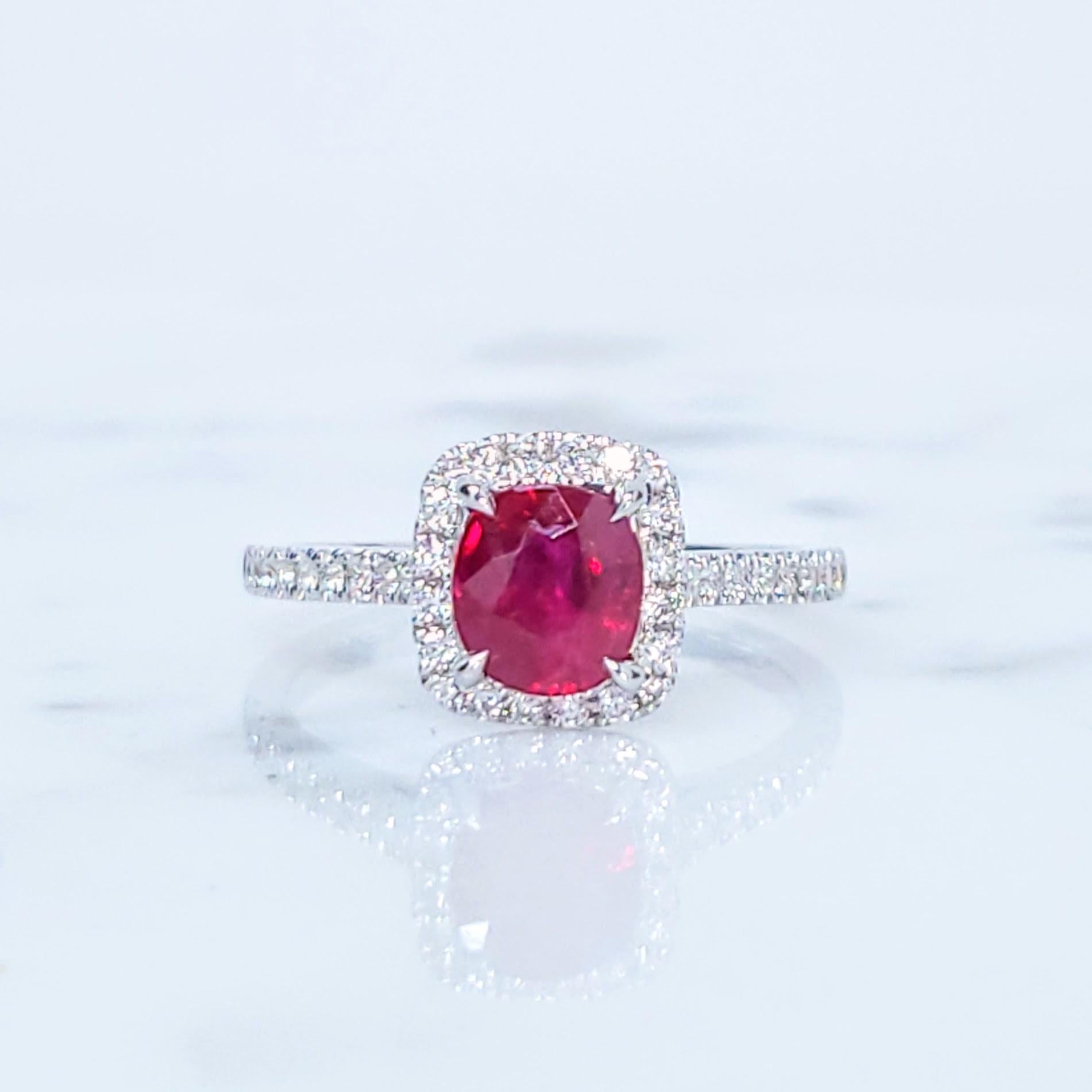 Oval Cut IGI Certified 1.07 Carat Pigeon Blood Ruby & Diamond Ring in 18K White Gold For Sale