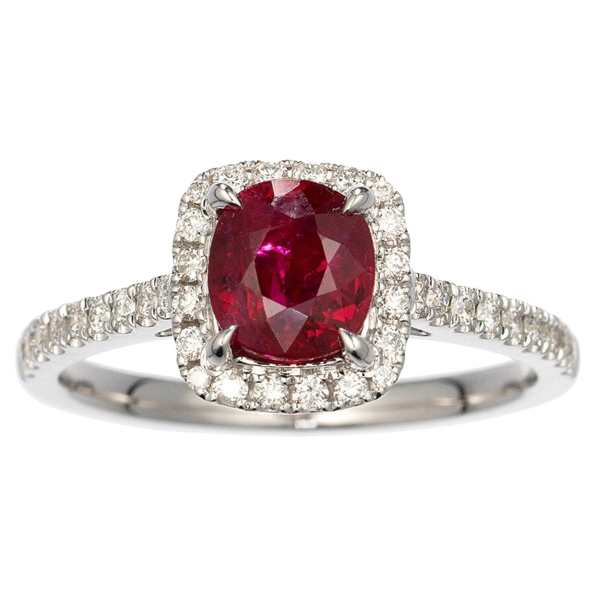 IGI Certified 1.07 Carat Pigeon Blood Ruby & Diamond Ring in 18K White Gold For Sale