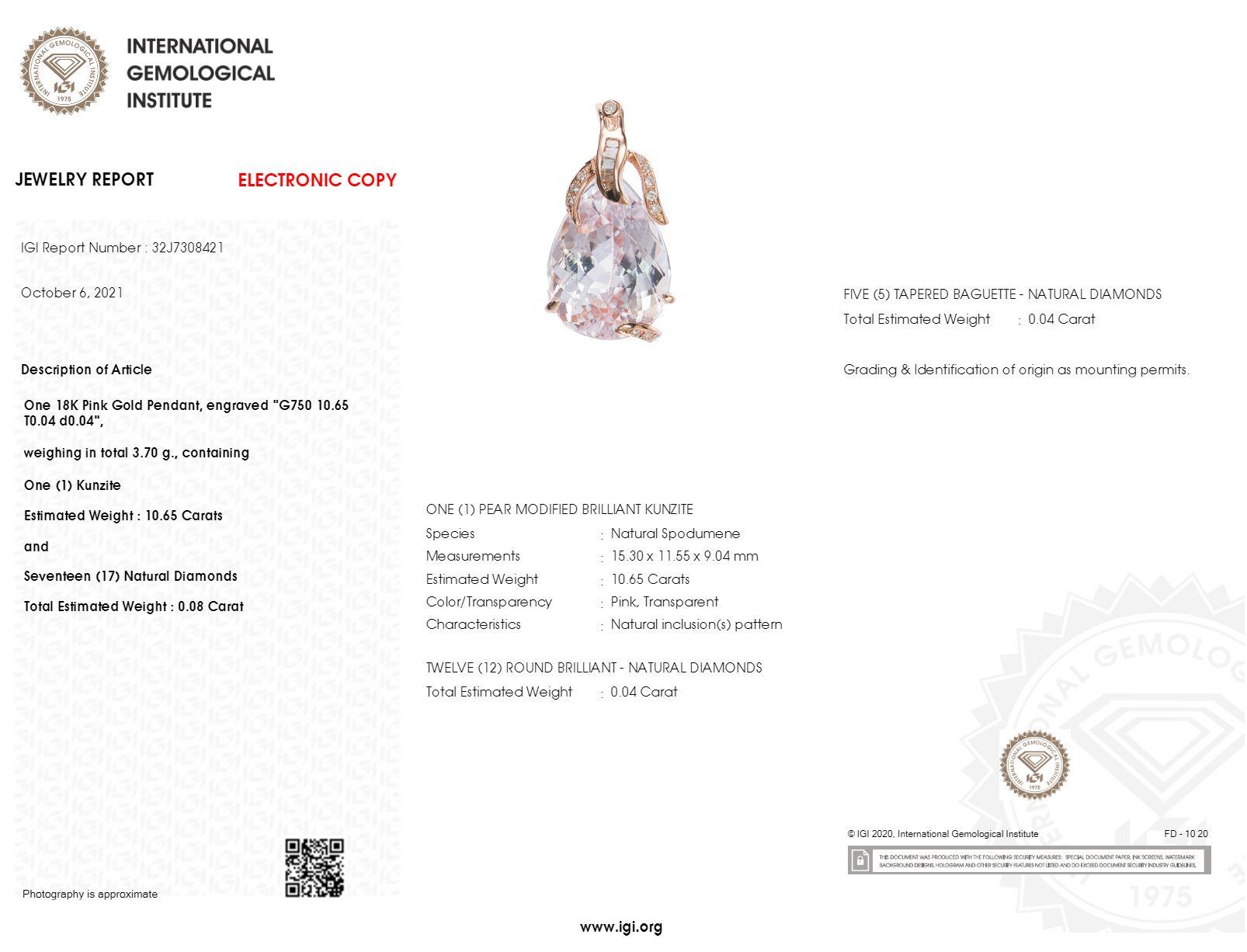 Moderne Kunzite et diamant certifiés IGI de 10,75 carats en or rose 18 carats en vente