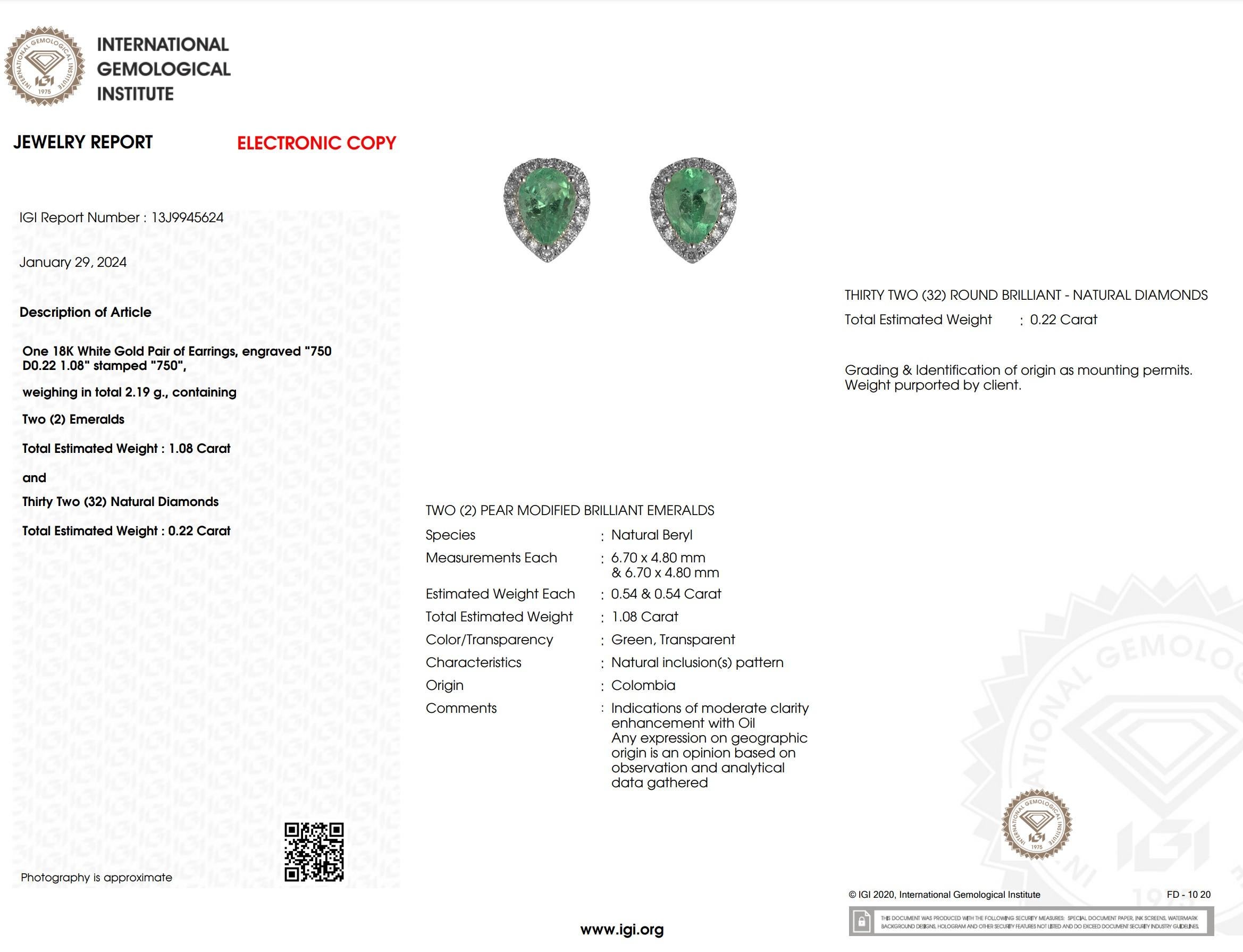 IGI Certified 1.08 Carat Colombian Emerald & Diamond Earrings in 18K White Gold For Sale 6
