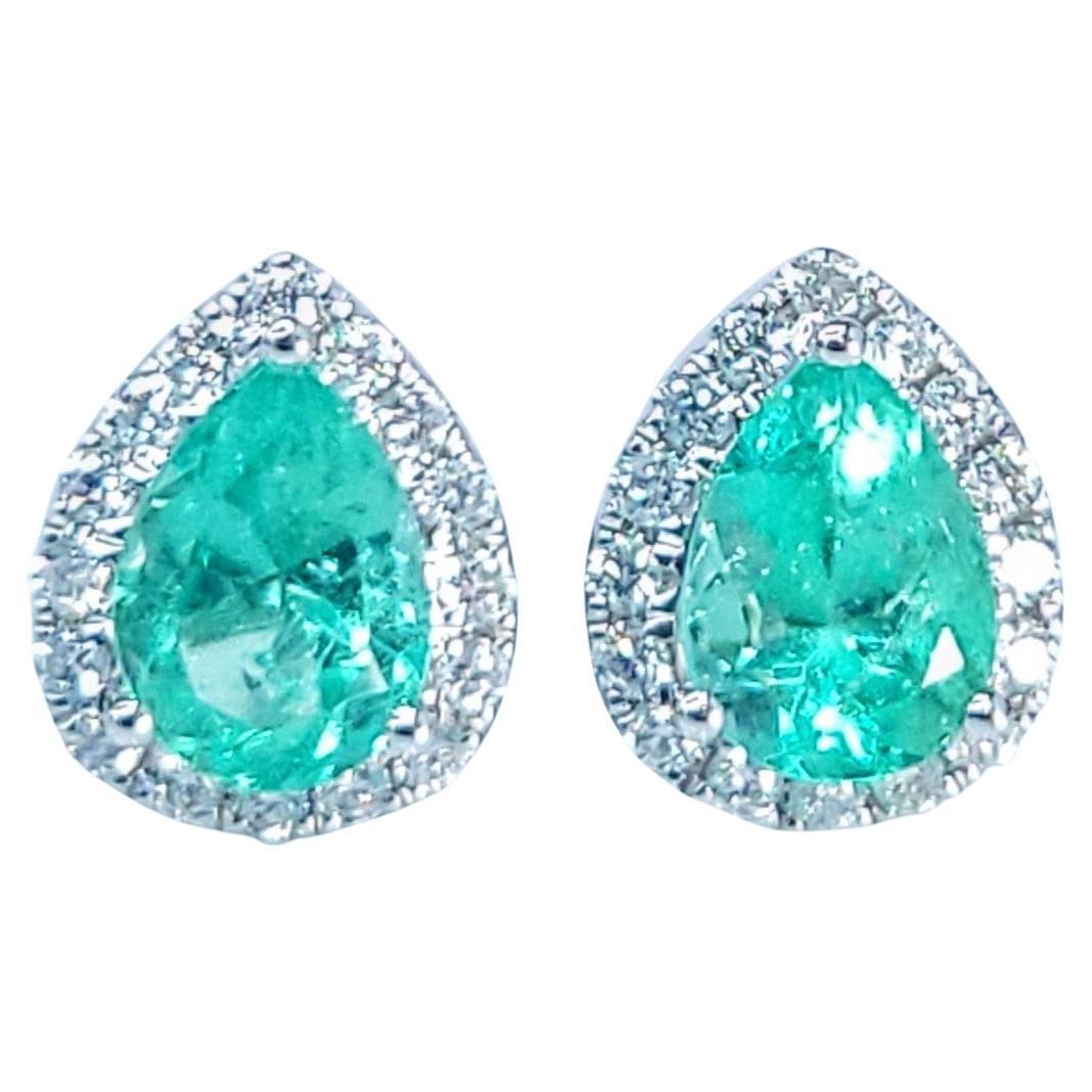 IGI Certificado 1,08 Quilates Esmeralda Colombiana y Pendientes de Diamantes en Oro Blanco de 18K