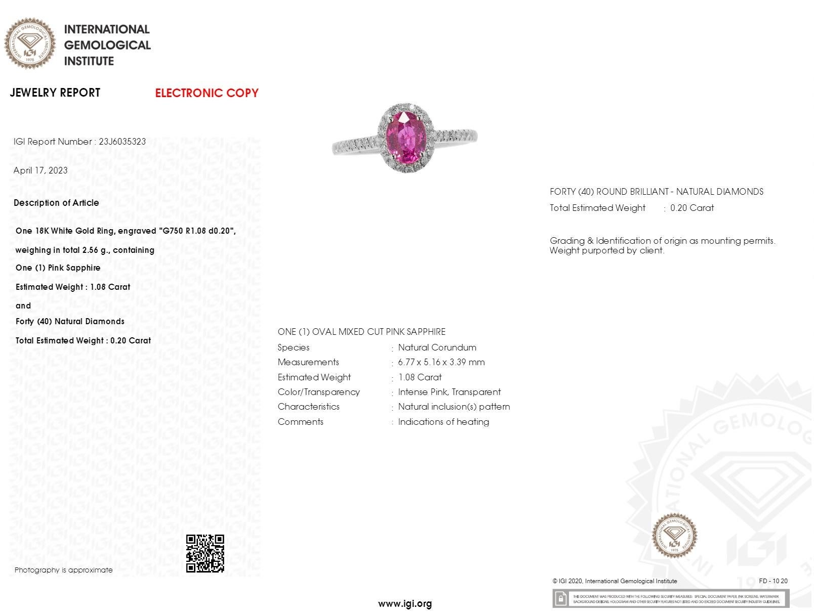 IGI Certified 1.08 Carat Sapphire & Diamond Ring in 18K White Gold For Sale 2